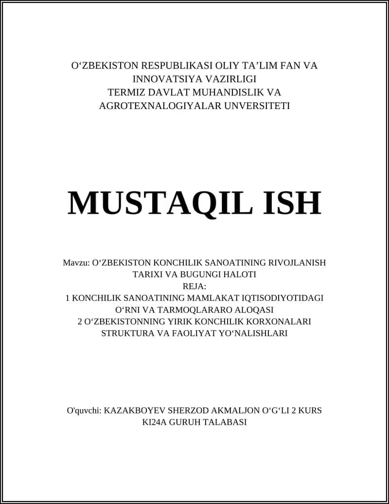 OʻZBEKISTON KONCHILIK SANOATINING RIVOJLANISH TARIXI VA BUGUNGI HALOTI