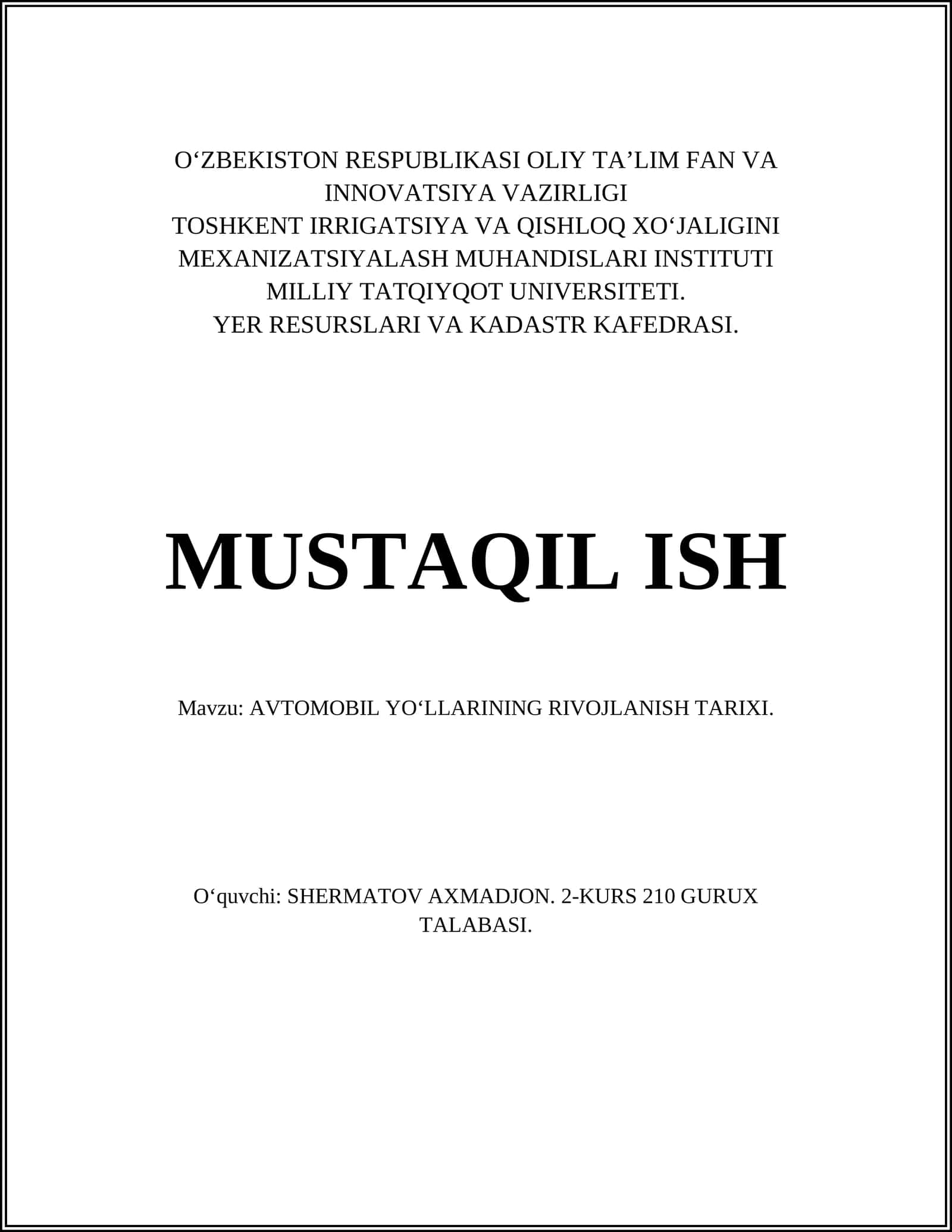 AVTOMOBIL YO‘LLARINING RIVOJLANISH TARIXI