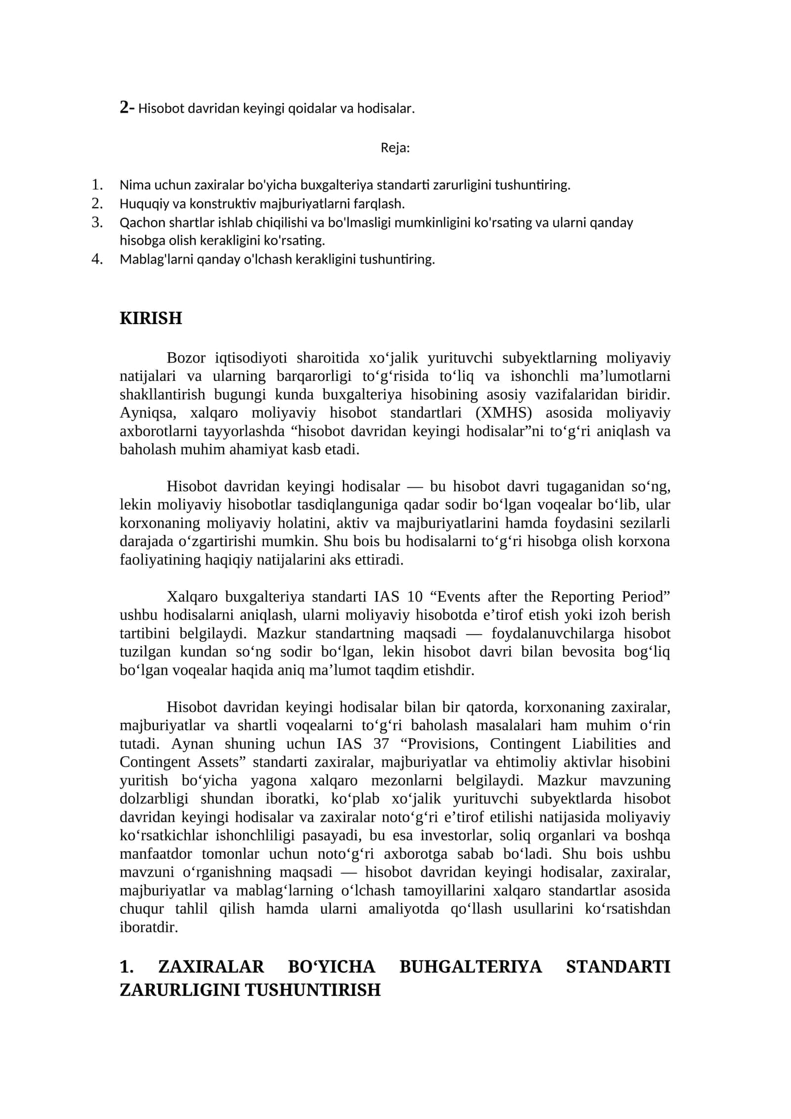 Hisobot davridan keyingi qoidalar va hodisalar