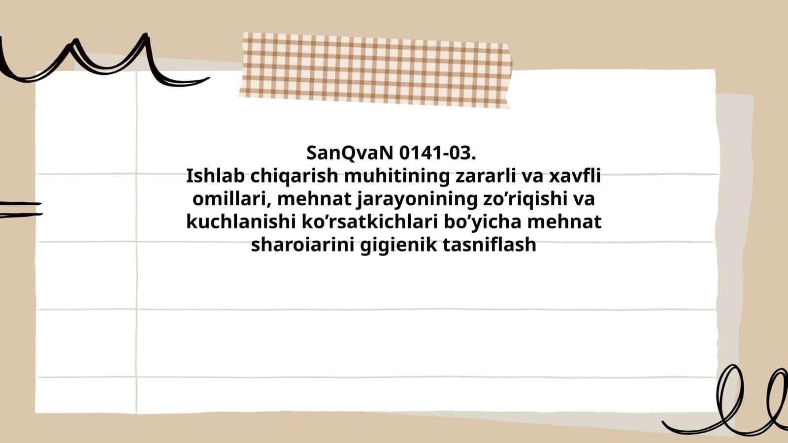 Ishlab chiqarish muhitining zararli va xavfli omillari, mehnat jarayonining zo’riqishi va kuchlanishi ko’rsatkichlari bo’yicha mehnat sharoiarini gigienik tasniflash