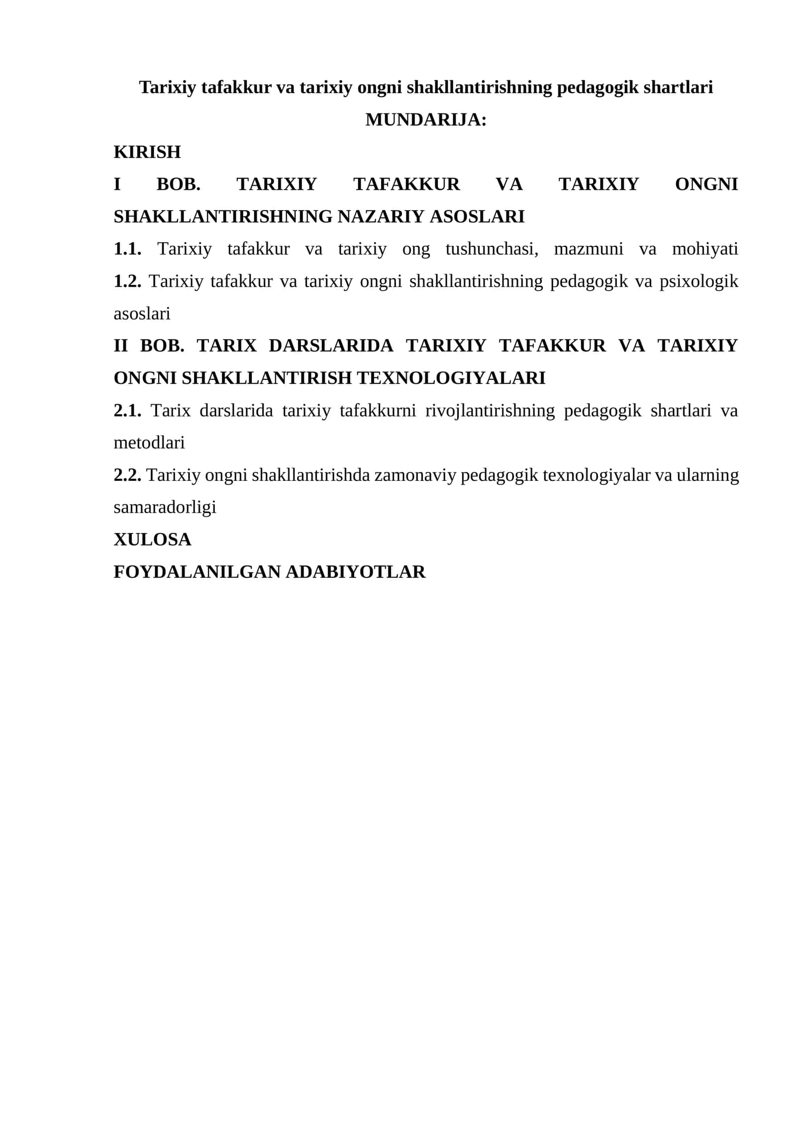 Tarixiy tafakkur va tarixiy ongni shakllantirishning pedagogik shartlari