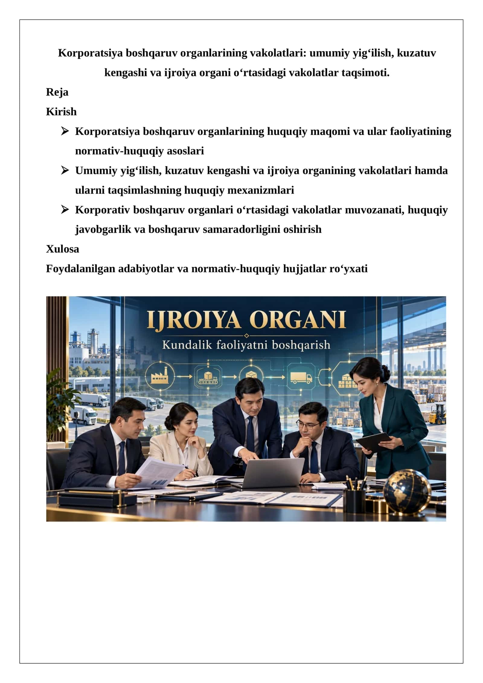 Korporatsiya boshqaruv organlarining vakolatlari umumiy yig‘ilish, kuzatuv kengashi va ijroiya organi o‘rtasidagi vakolatlar taqsimoti..docx