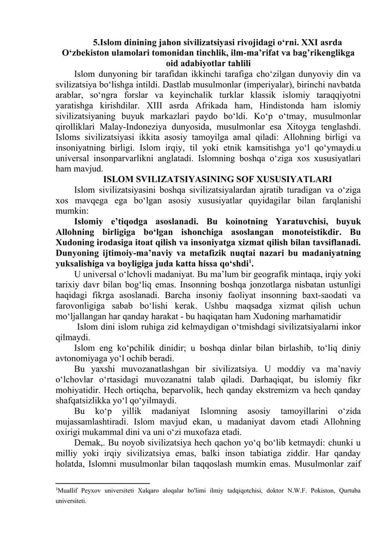 Islom dinining jahon sivilizatsiyasi rivojidagi oʻrni. XXI asrda Oʻzbekiston ulamolari tomonidan tinchlik, ilm-maʼrifat va bagʼrikenglikga oid adabiyotlar tahlili
