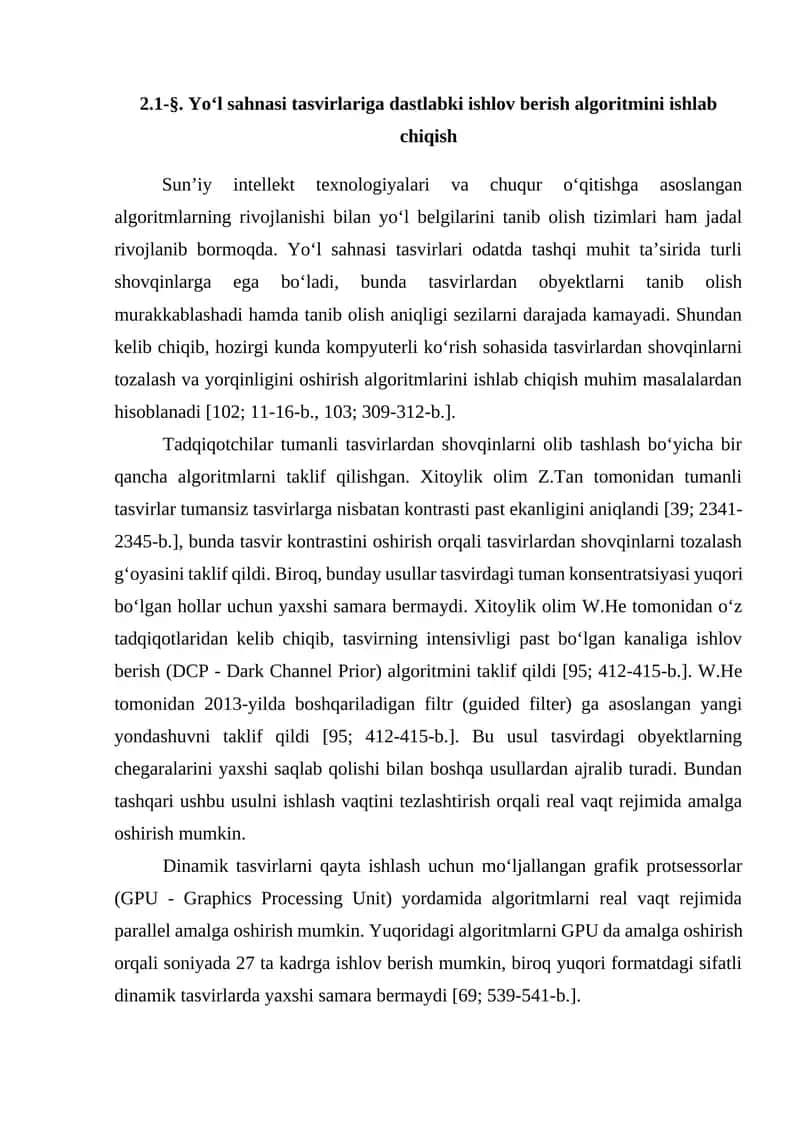 Yo‘l sahnasi tasvirlariga dastlabki ishlov berish algoritmi