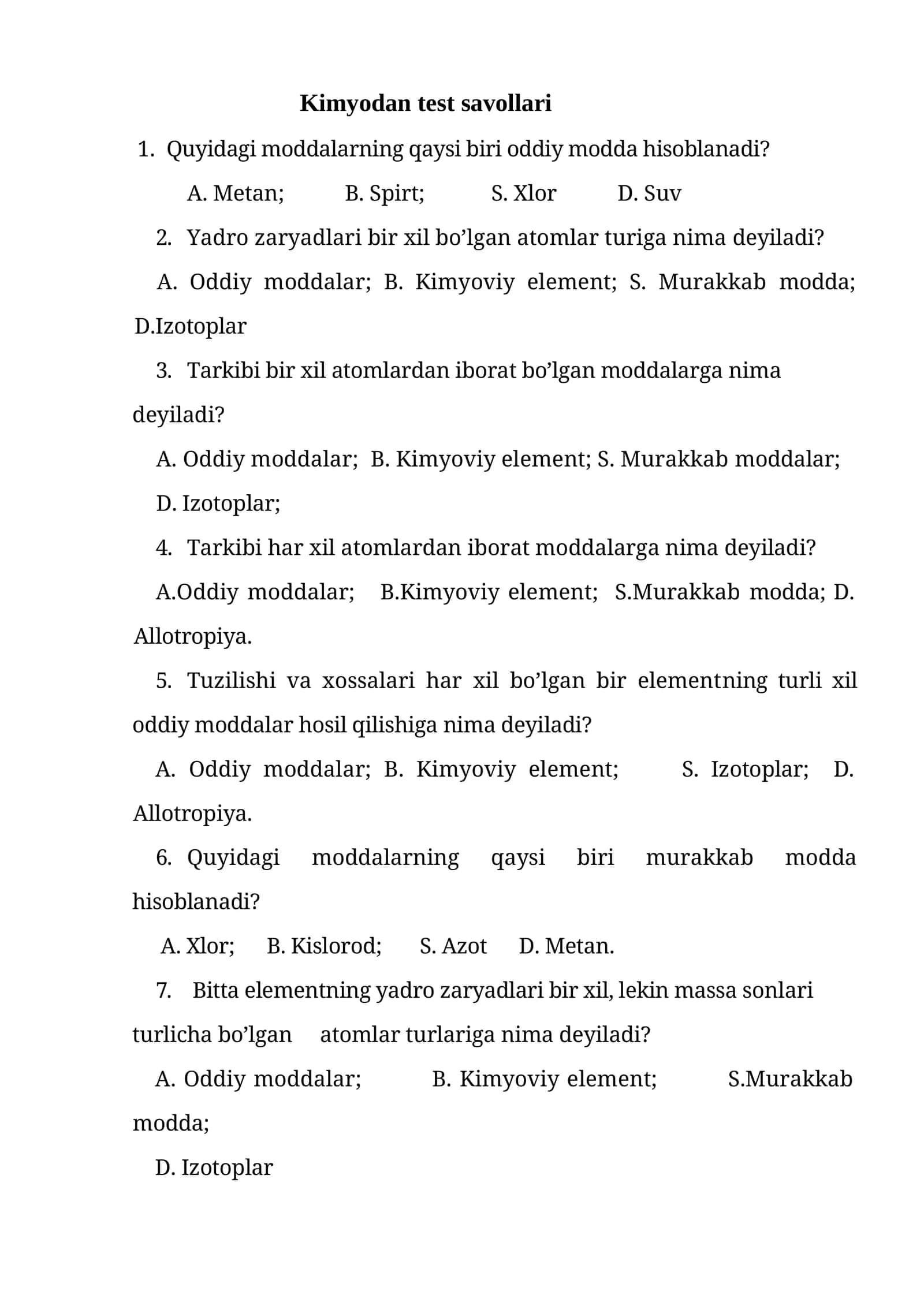 Kimyodan test savollari