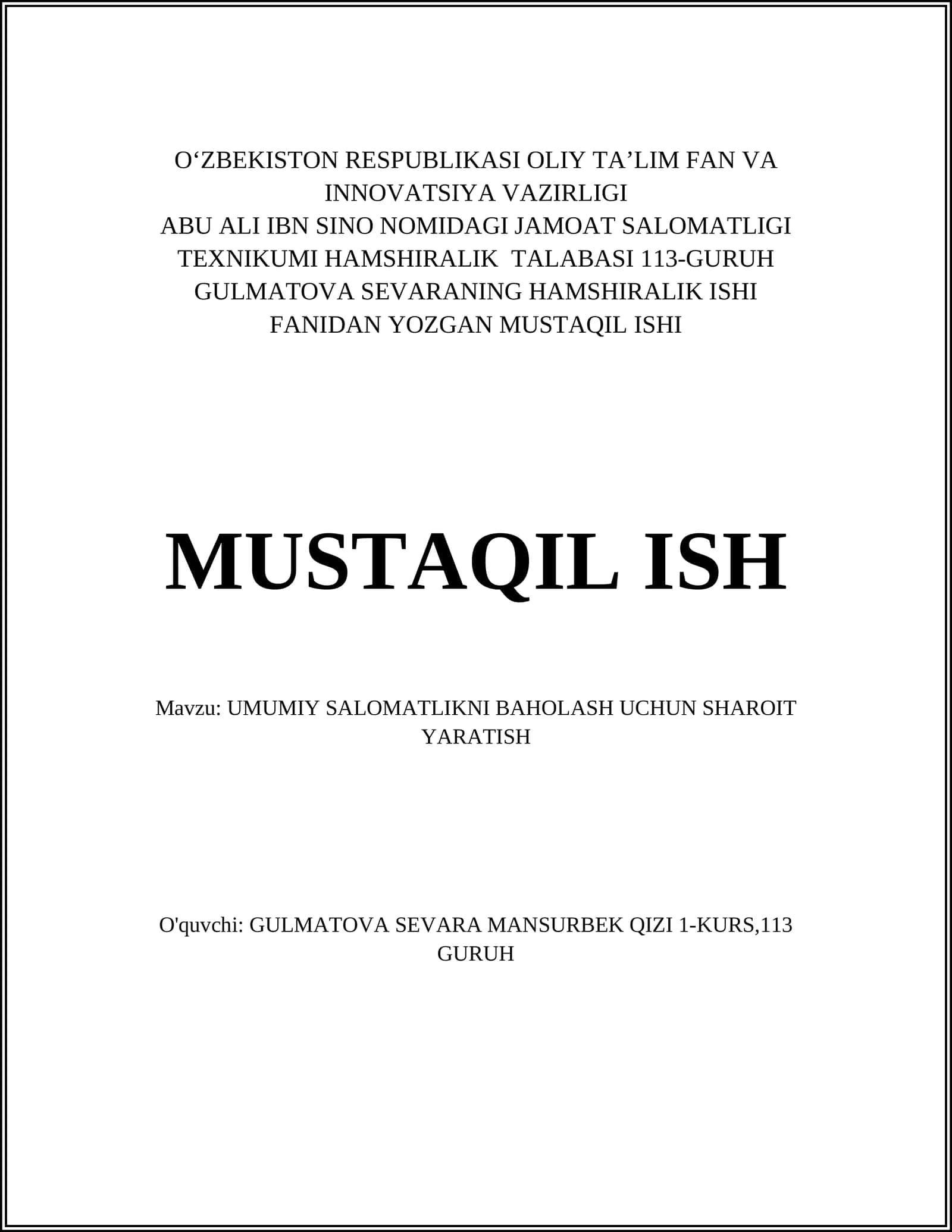 UMUMIY SALOMATLIKNI BAHOLASH UCHUN SHAROIT YARATISH