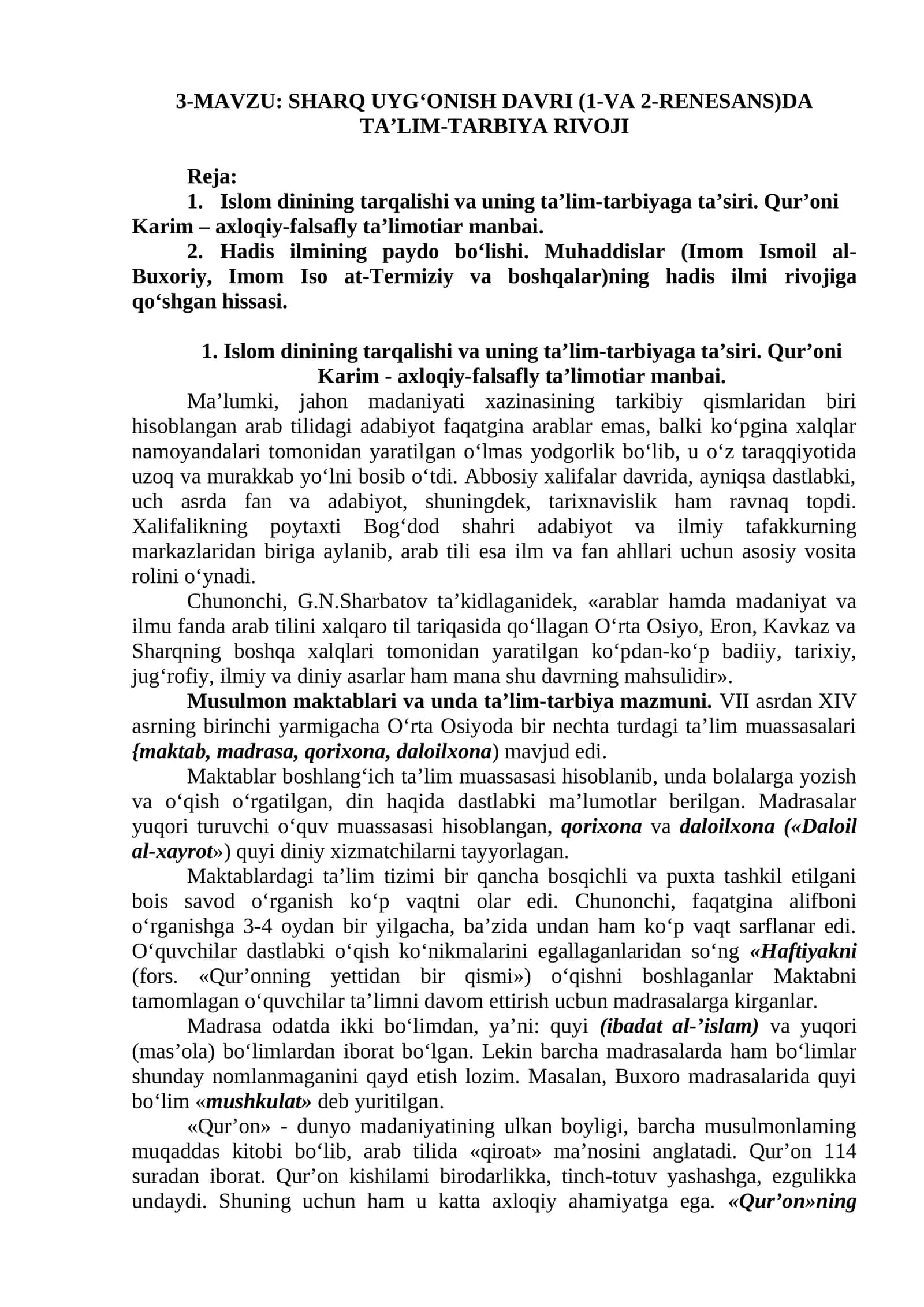 SHARQ UYG‘ONISH DAVRI (1-VA 2-RENESANS)DA TA’LIM-TARBIYA RIVOJI