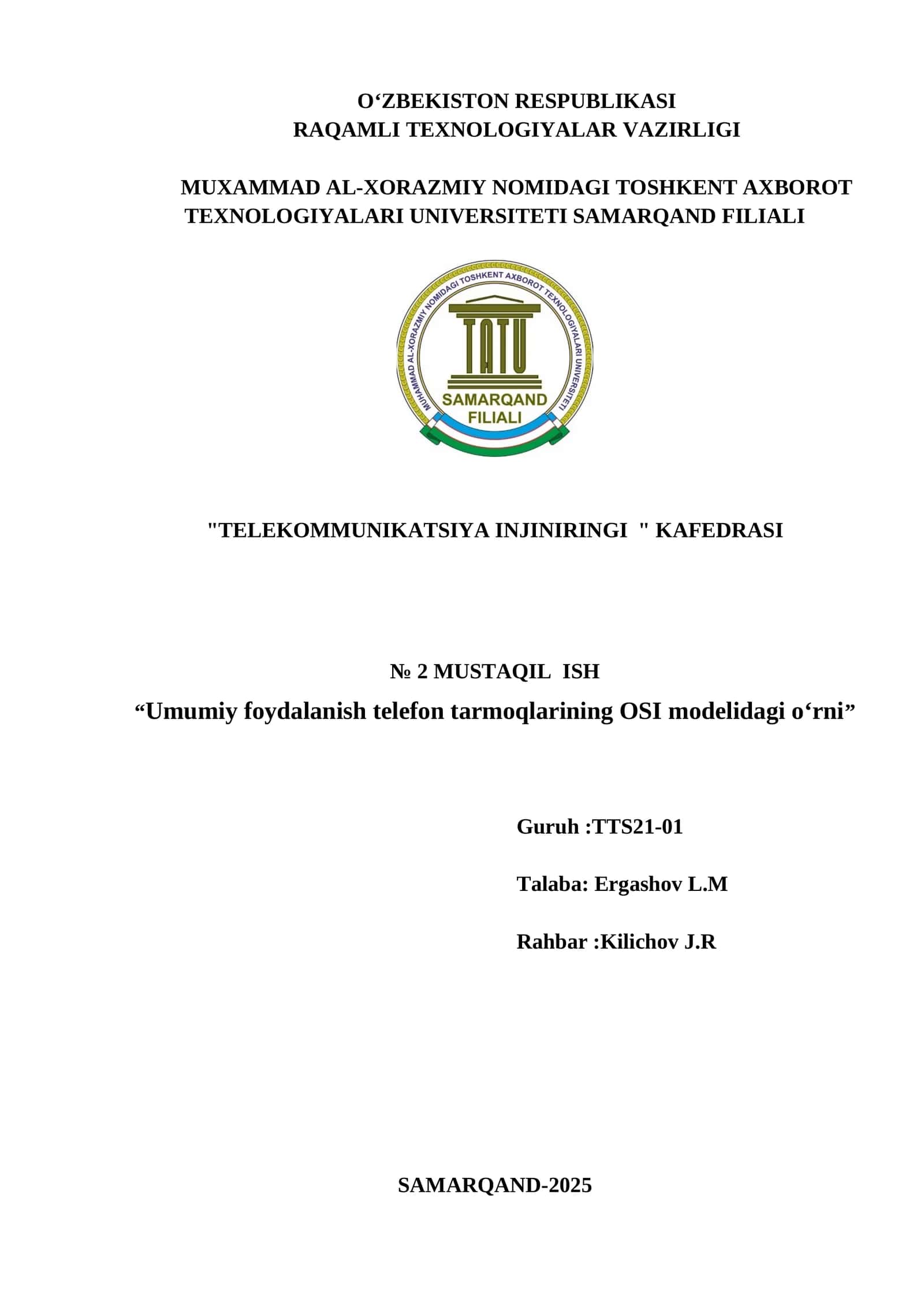 Umumiy foydalanish telefon tarmoqlarining OSI modelidagi o‘rni