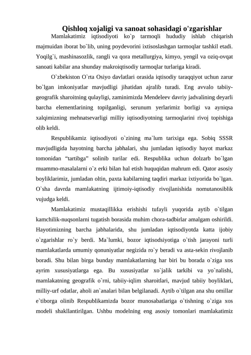 Qishloq xojaligi va sanoat sohasidagi o'zgarishlar