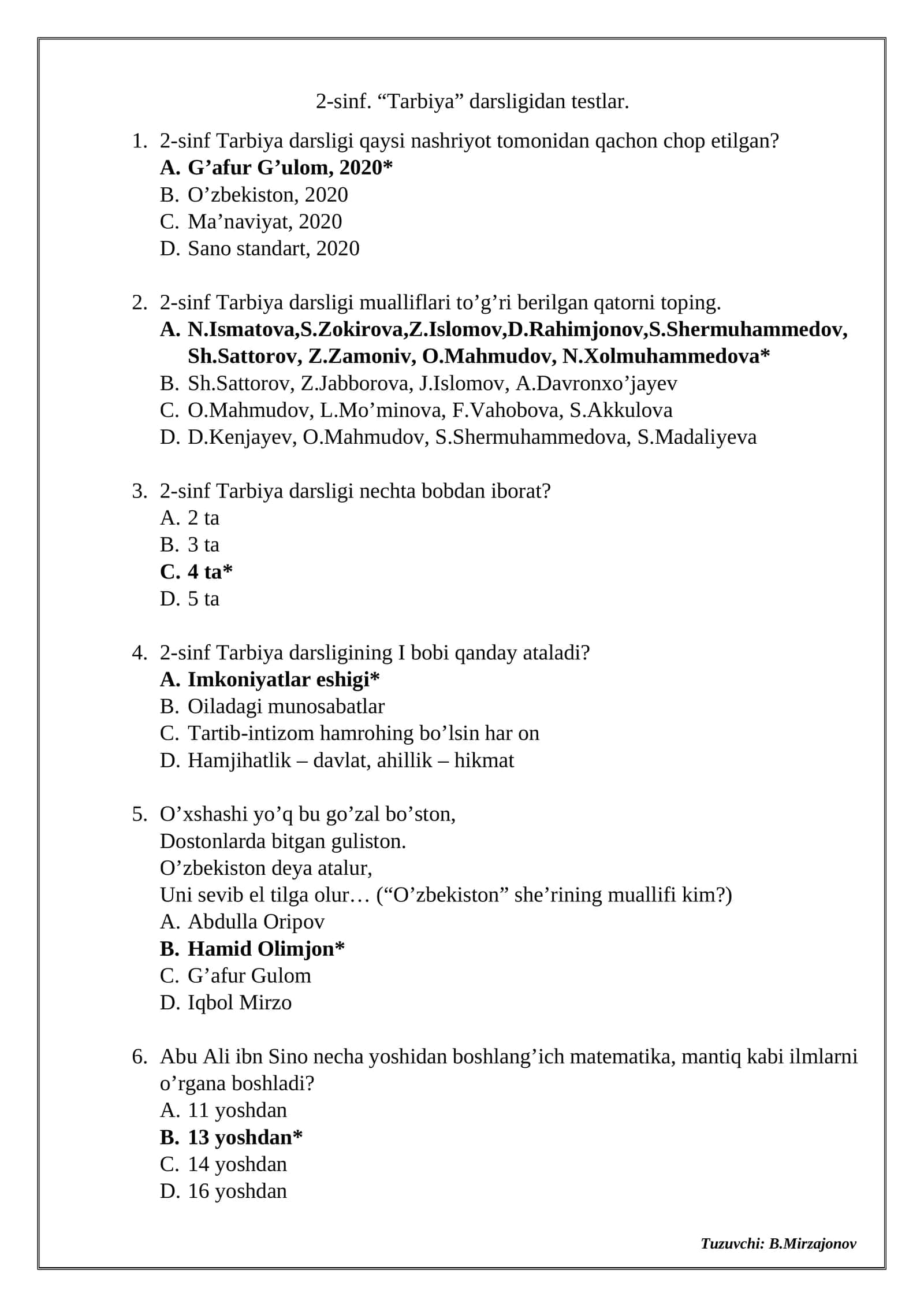 2-sinf. “Tarbiya” darsligidan testlar