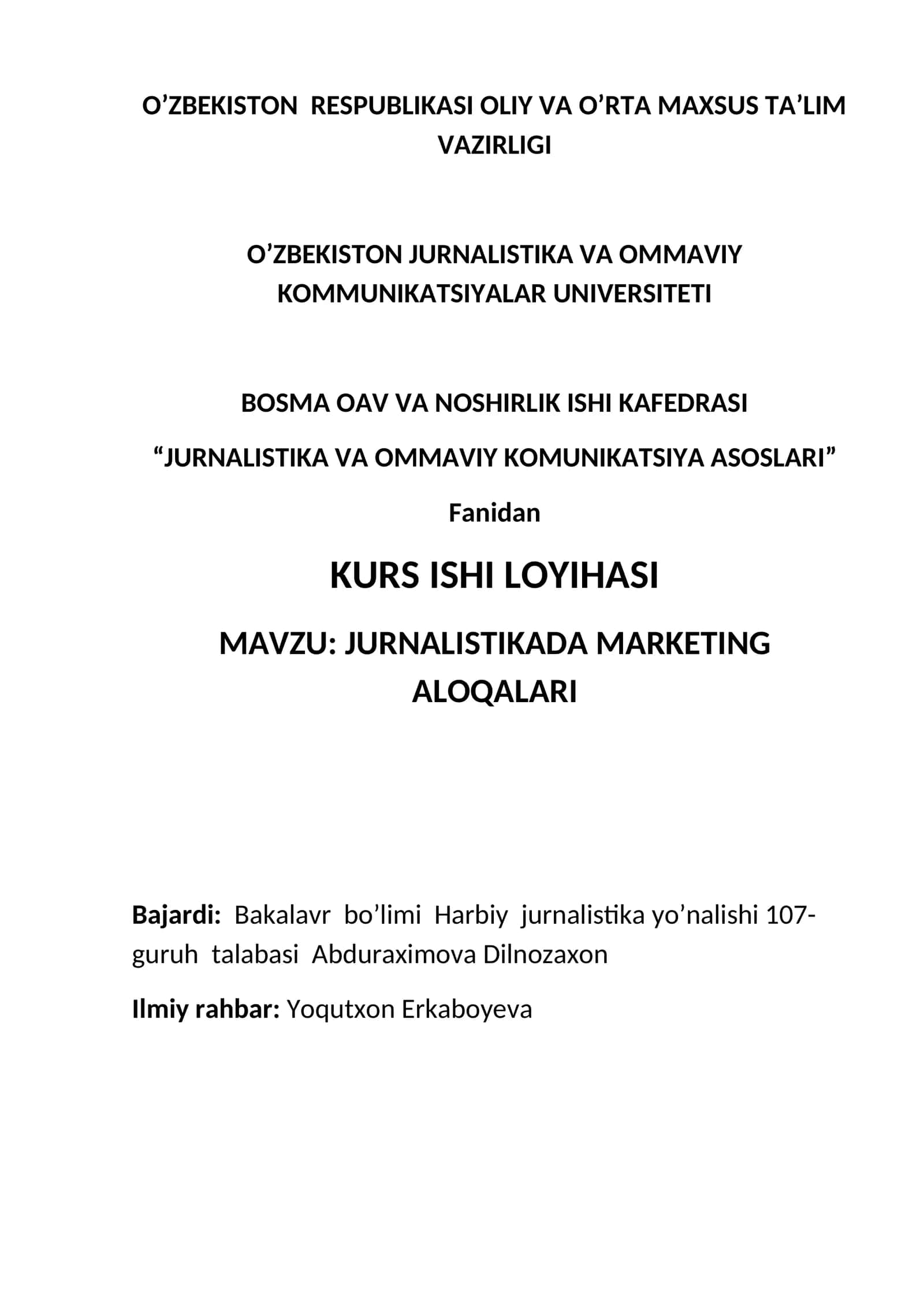 JURNALISTIKA VA OMMAVIY KOMUNIKATSIYA ASOSLARI - MARKETING ALOQALARI