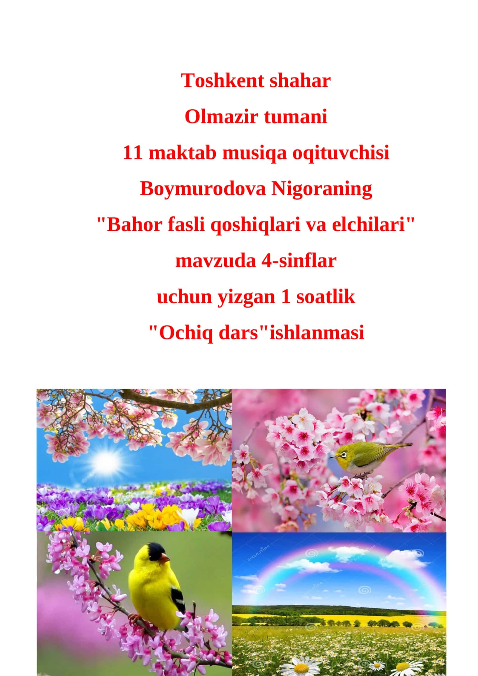 4-sinf Musiqa fanidan Bahor fasli qo'shiqlari ochiq dars ishlanmasi