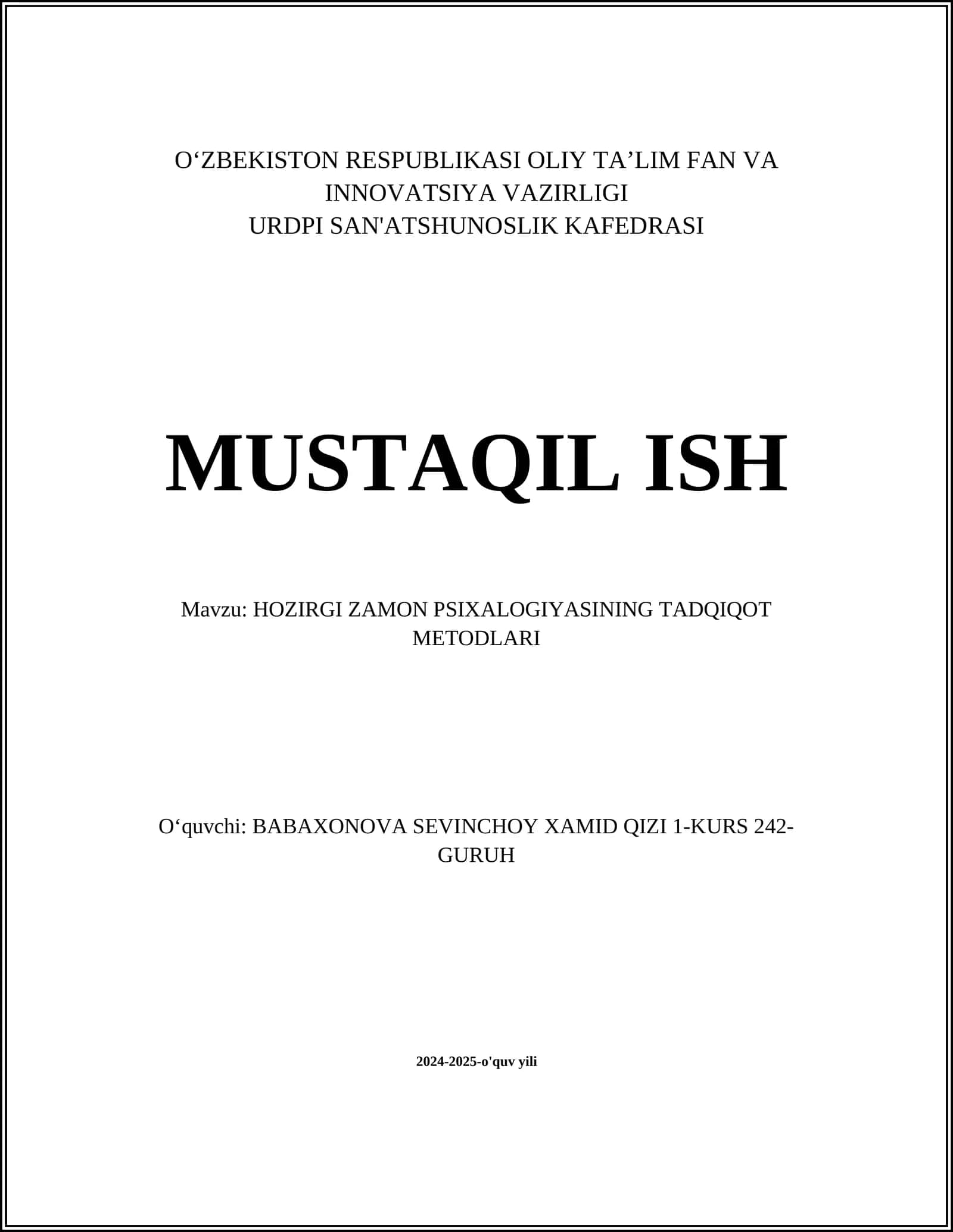 HOZIRGI ZAMON PSIXALOGIYASINING TADQIQOT METODLARI