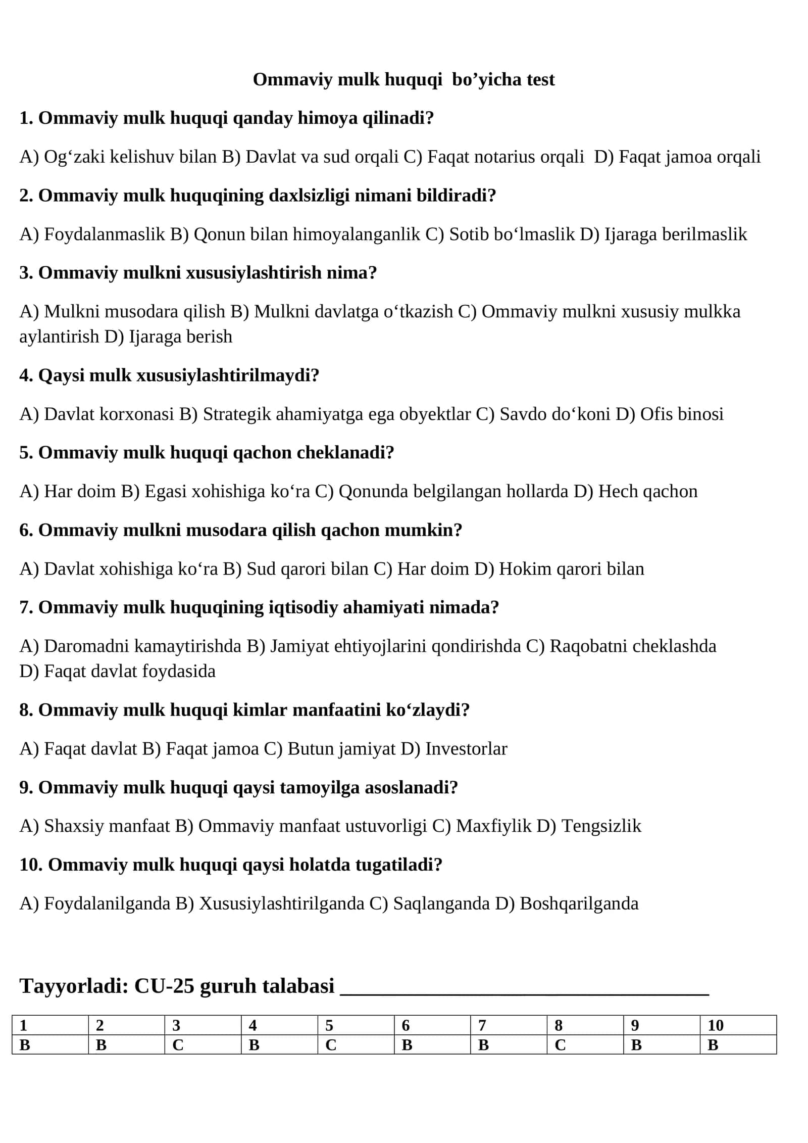 Ommaviy mulk huquqi bo’yicha test