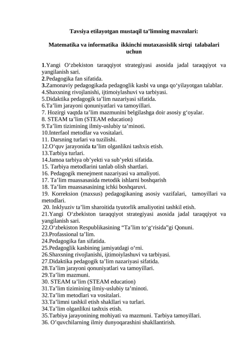 Matematika va informatika ikkinchi mutaxassislik sirtqi talabalari uchun mustaqil ta’limning mavzulari