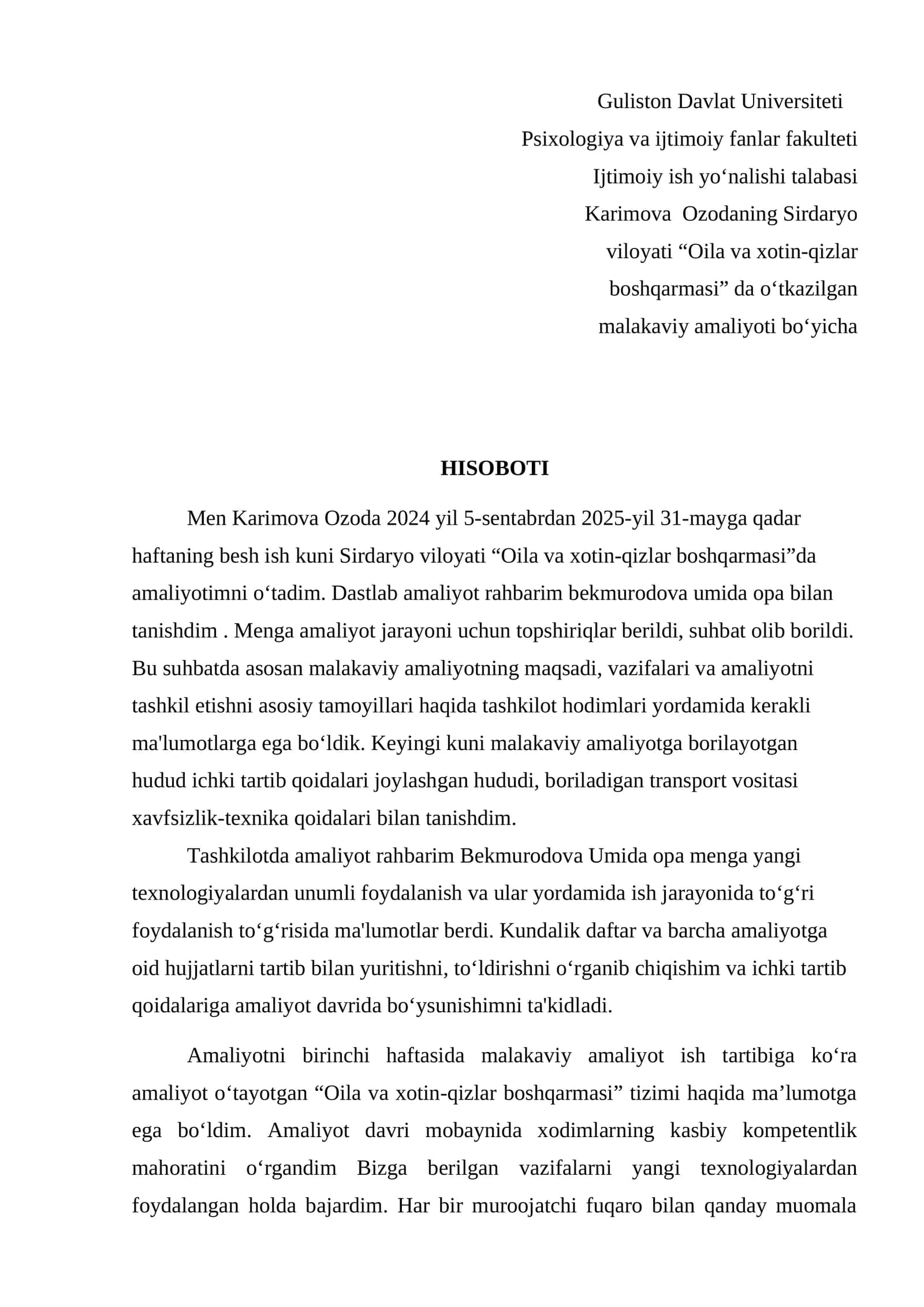 Malakaviy amaliyot maydoni hisoboti