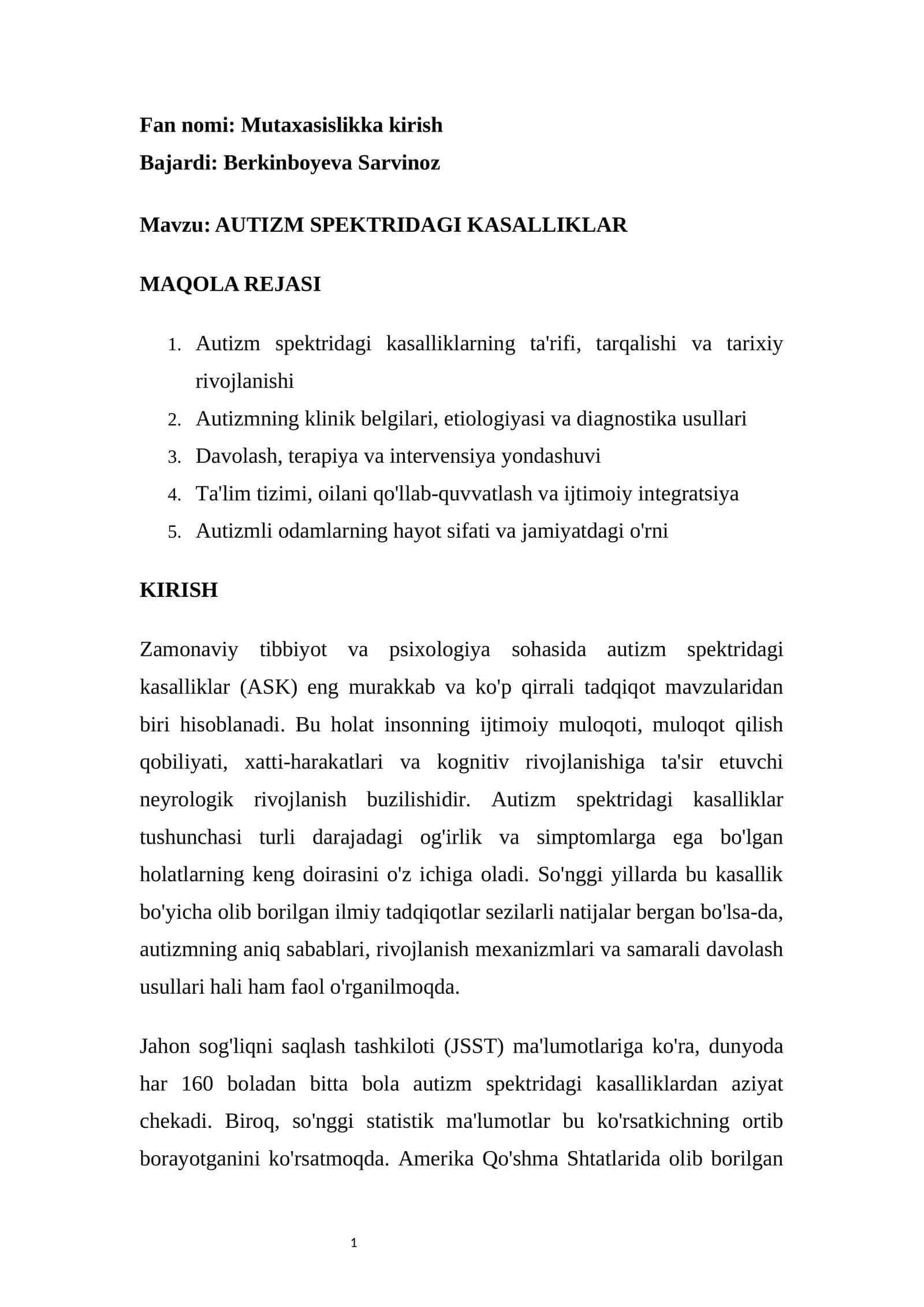AUTIZM SPEKTRIDAGI KASALLIKLAR