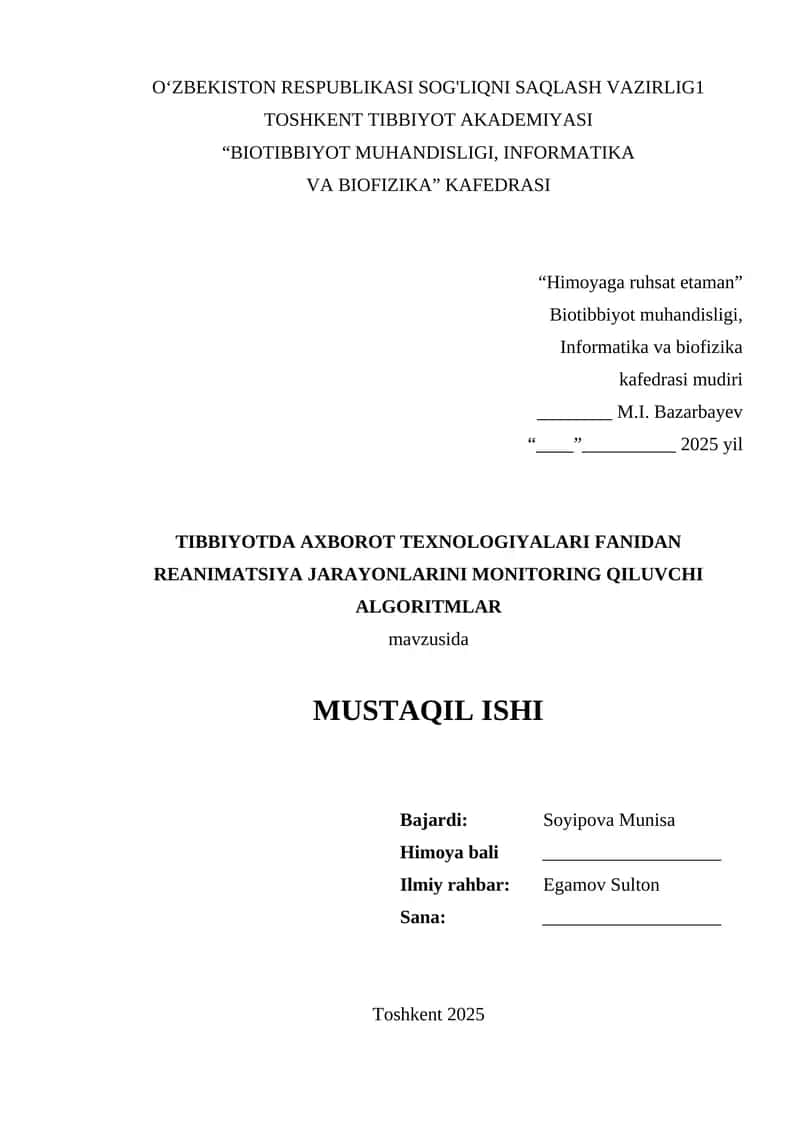 Reanimatsiya jarayonlarini monitoring qiluvchi algoritmlar