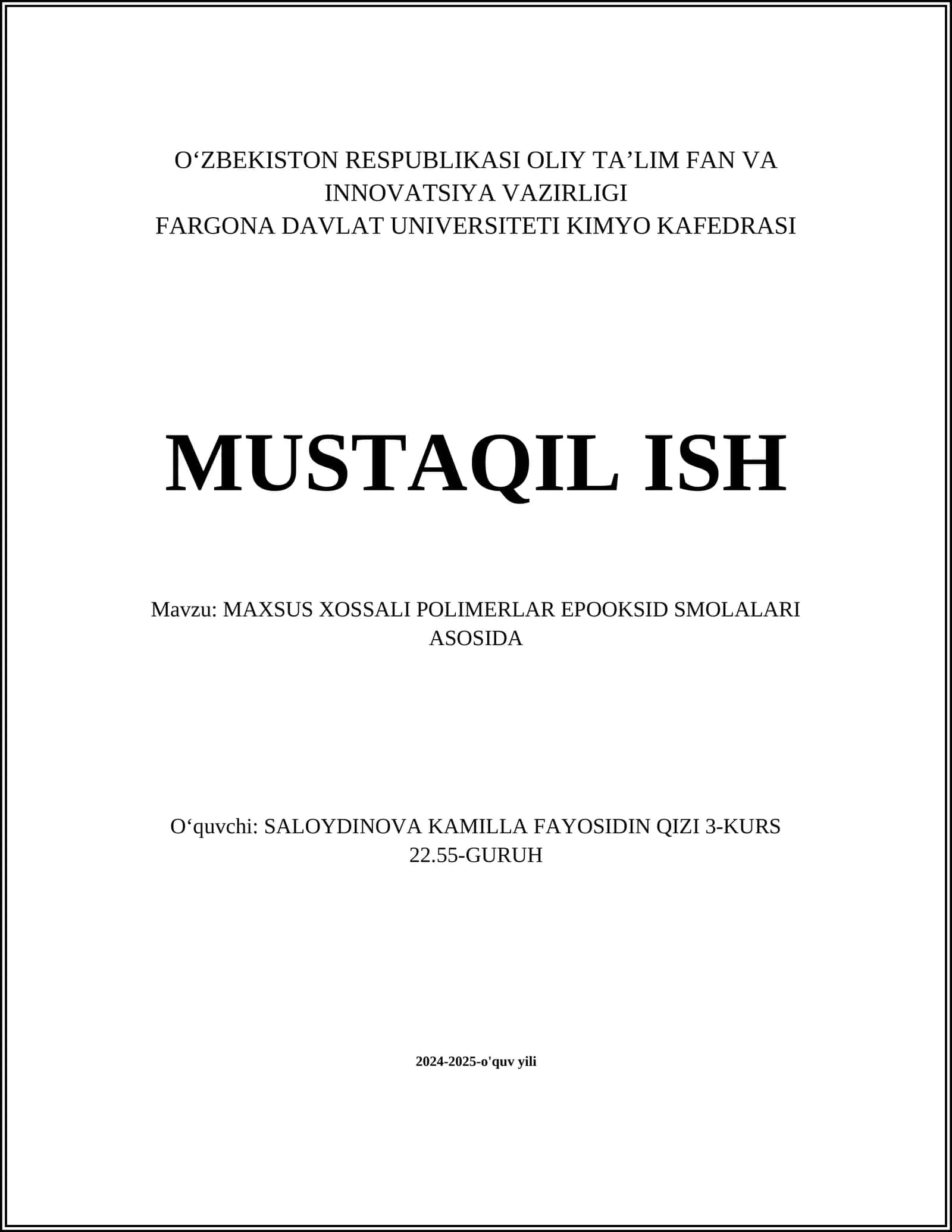 MAXSUS XOSSALI POLIMERLAR EPOOKSID SMOLALARI ASOSIDA