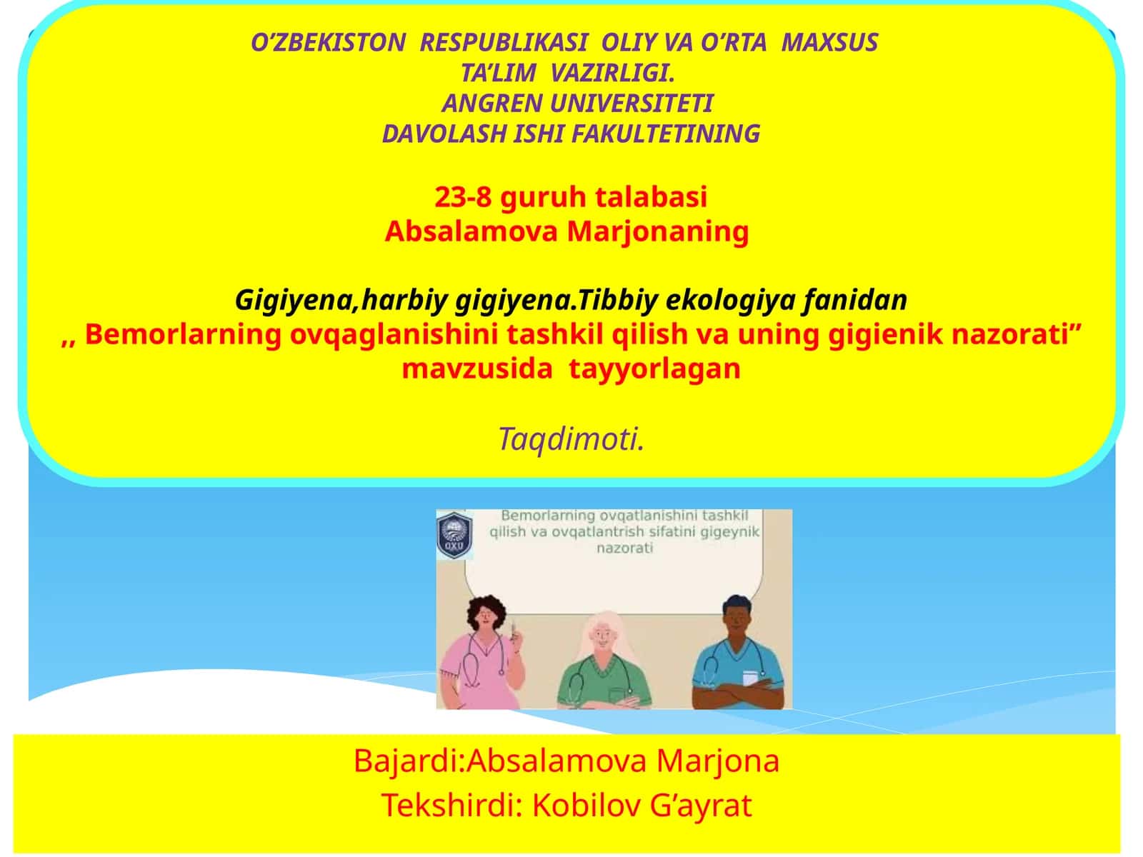 Absalamova Marjona gigiyena, harbiy gigiyena