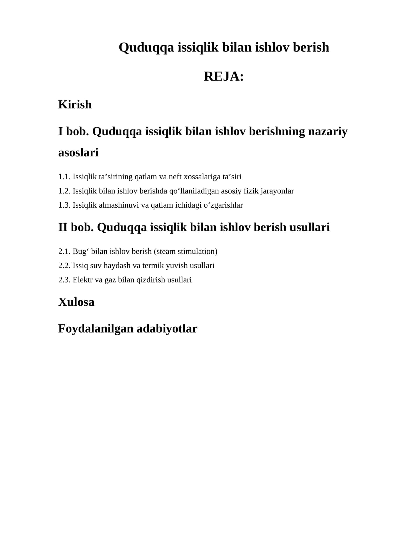 Quduqqa issiqlik bilan ishlov berish