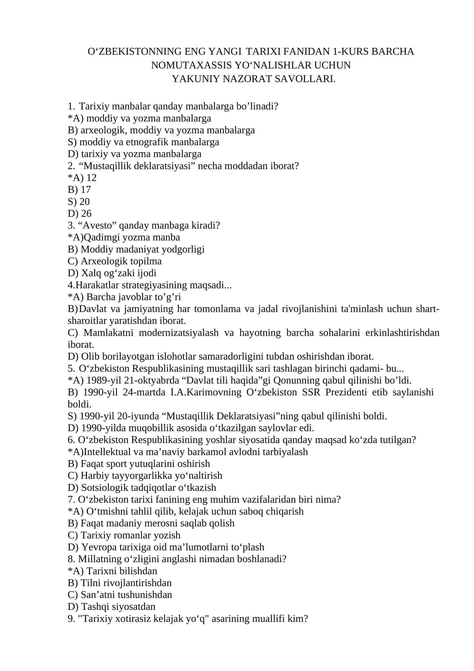 O‘ZBEKISTONNING ENG YANGI TARIXI FANIDAN 1-KURS BARCHA NOMUTAXASSIS YO‘NALISHLAR UCHUN