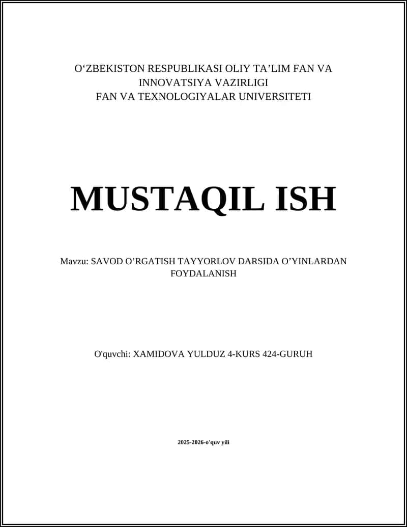 SAVOD O’RGATISH TAYYORLOV DARSIDA O’YINLARDAN FOYDALANISH
