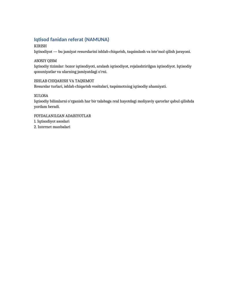 Iqtisod fanidan referat (NAMUNA)