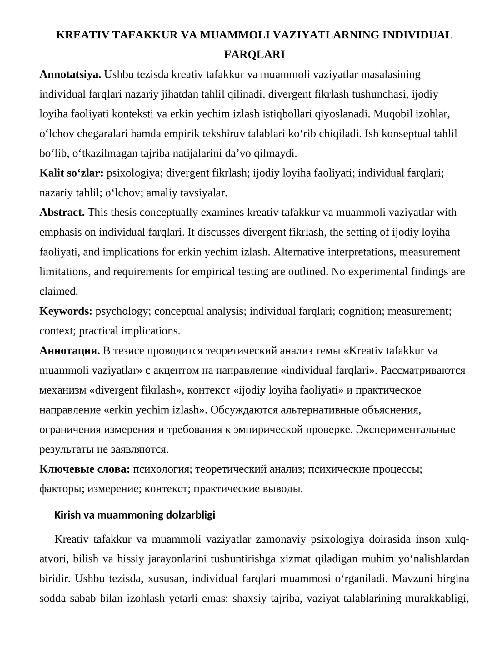 KREATIV TAFAKKUR VA MUAMMOLI VAZIYATLARNING INDIVIDUAL FARQLARI