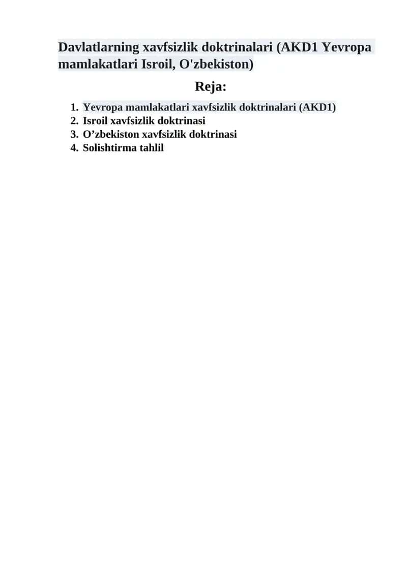 Davlatlarning xavfsizlik doktrinalari (AKD1 Yevropa mamlakatlari Isroil, O'zbekiston)