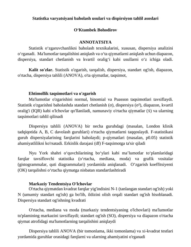 Statistika varyatsiyani baholash usulari va dispirsiyon tahlil asoslari