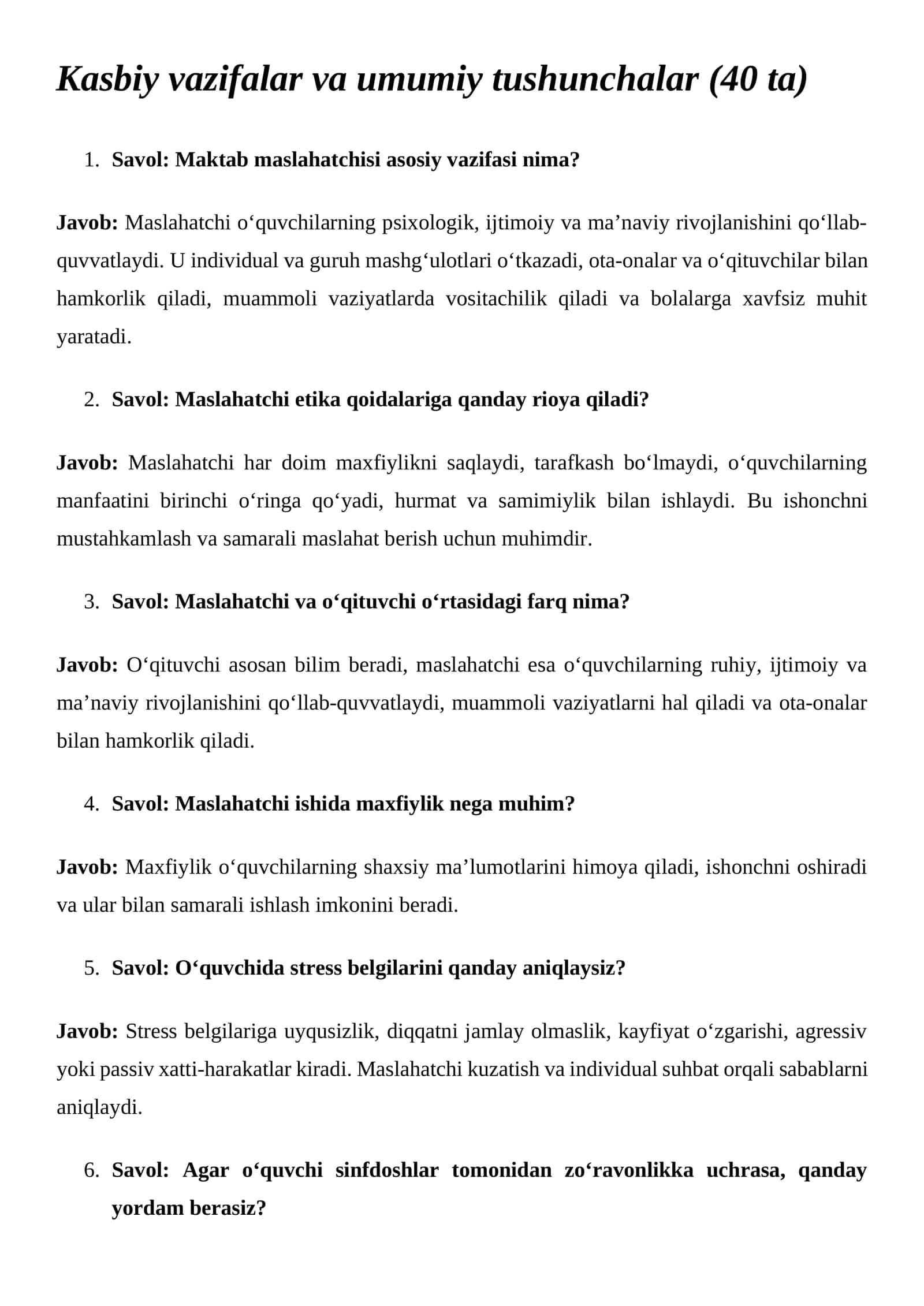 Maktab maslahatchisi ishi bo‘yicha suhbat savollar va javoblari