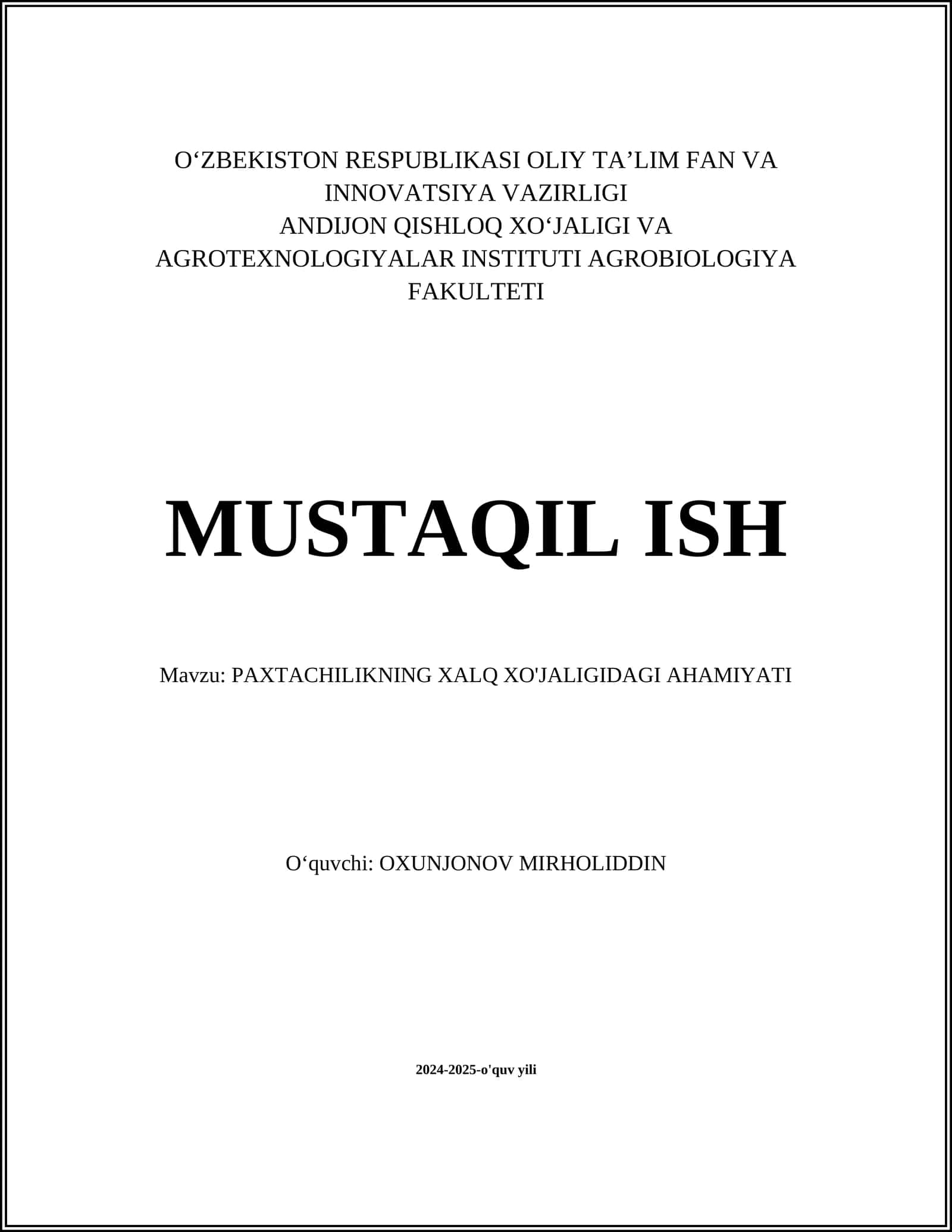 PAXTACHILIKNING XALQ XO'JALIGIDAGI AHAMIYATI
