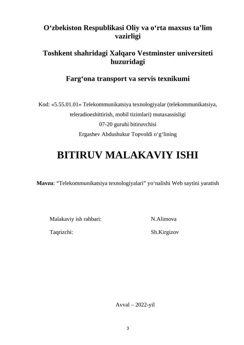 Telekommunikatsiya web saytini yaratish bitiruv malakaviy ish