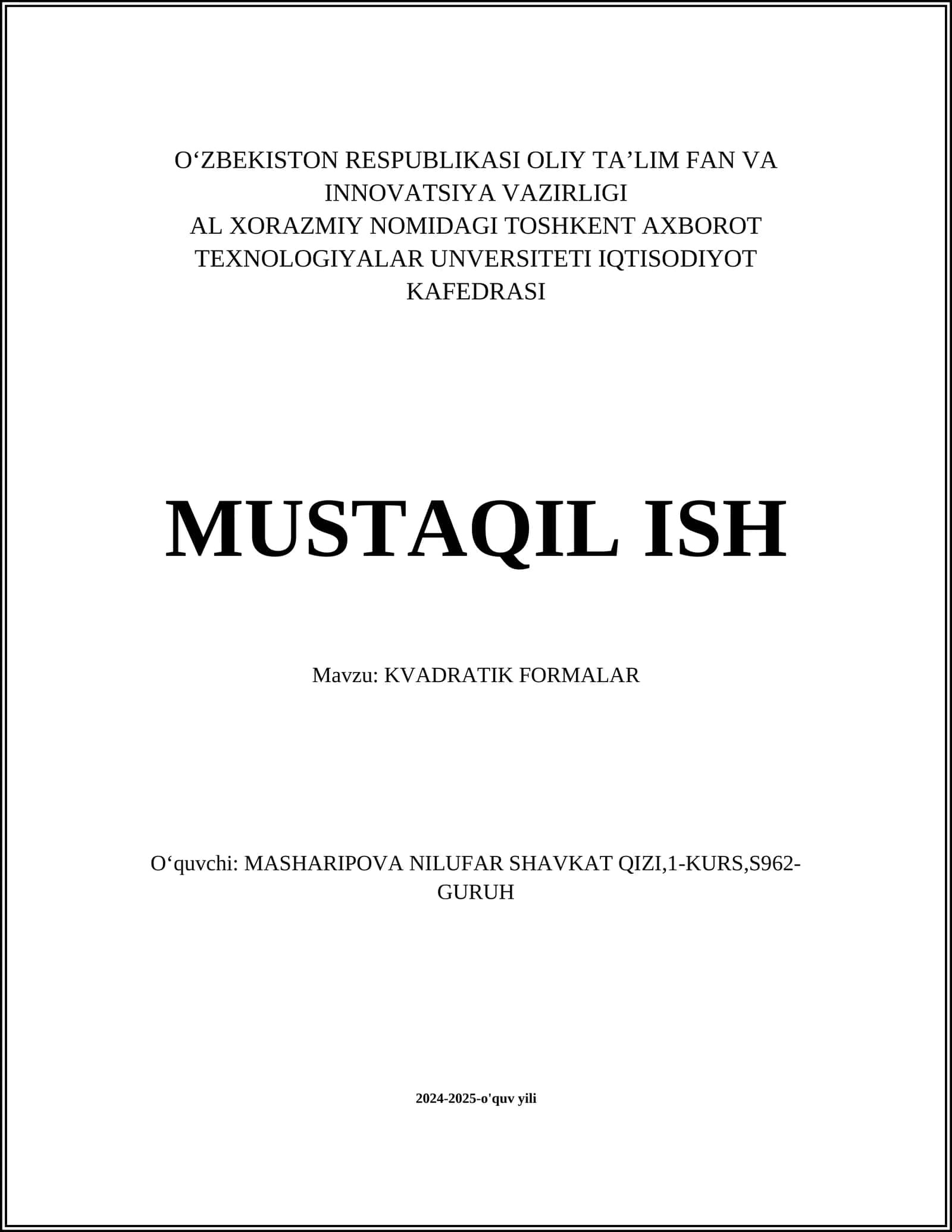 KVADRATIK FORMALAR
