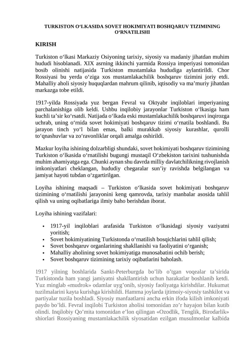 Turkiston O‘lkasida Sovet Hokimiyati Boshqaruv Tizimining O‘rnatilishi