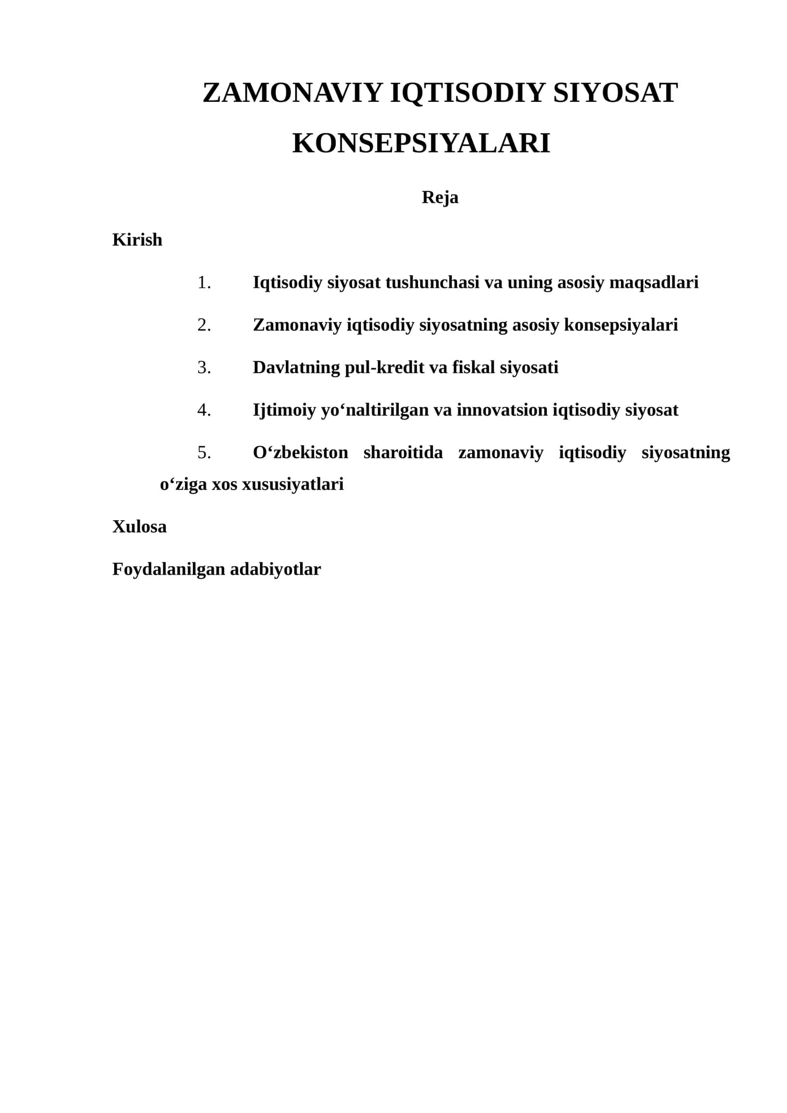 ZAMONAVIY IQTISODIY SIYOSAT KONSEPSIYALARI