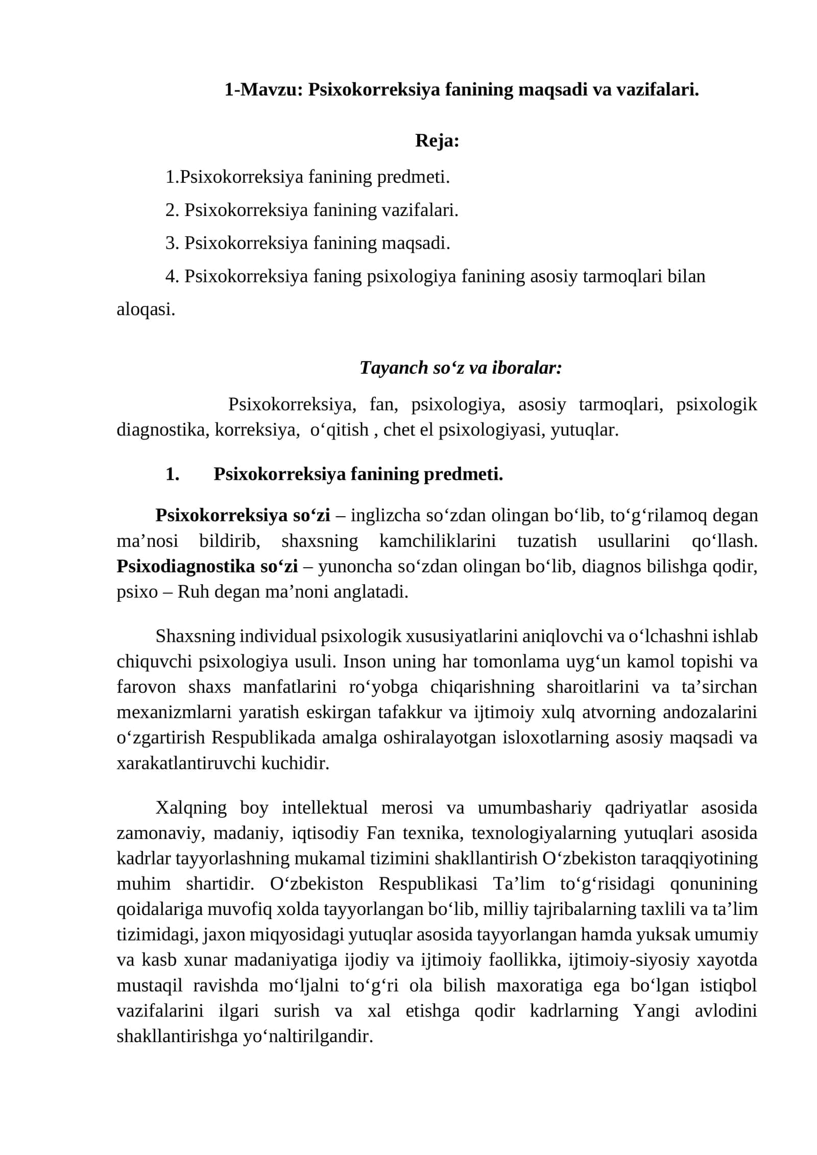 Psixokorreksiya fanining maqsadi va vazifalari