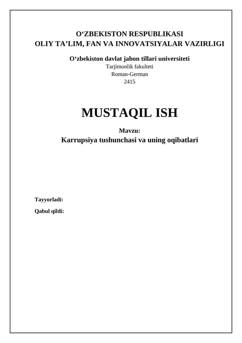 Mavzu: Karrupsiya tushunchasi va uning oqibatlari