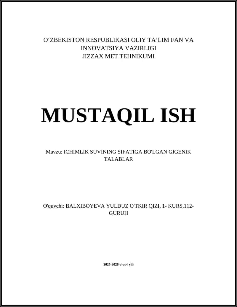Ichimlik Suvining Mikrobiologik Talablari