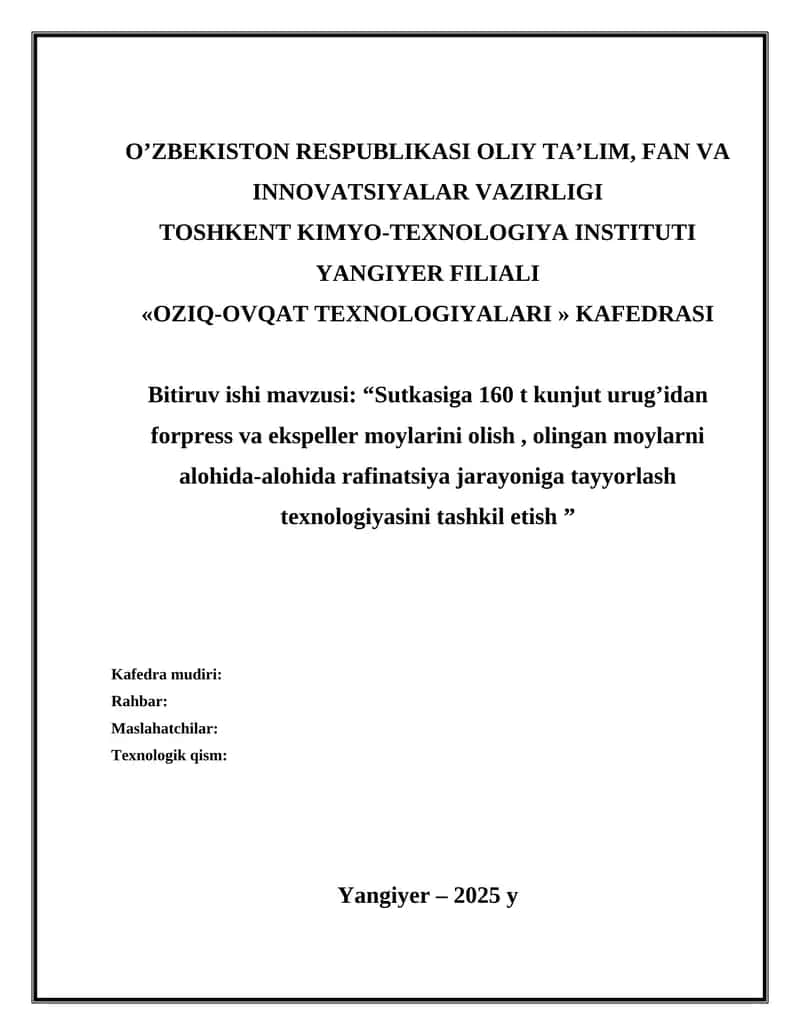 Sutkasiga 160 t kunjut urug’idan forpress va ekspeller moylarini olish , olingan moylarni alohida-alohida rafinatsiya jarayoniga tayyorlash texnologiyasini tashkil etish