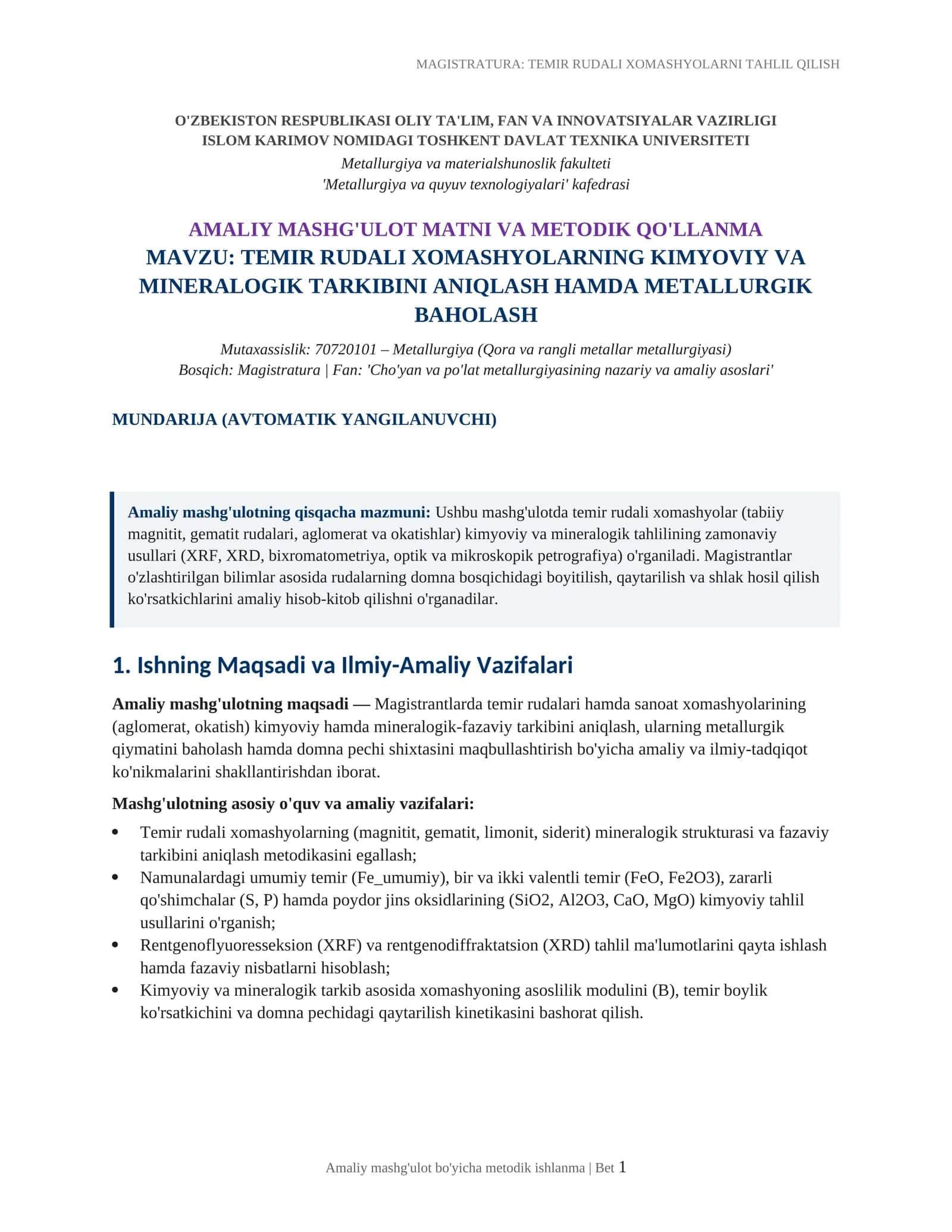 TEMIR RUDALI XOMASHYOLARNI TAHLIL QILISH