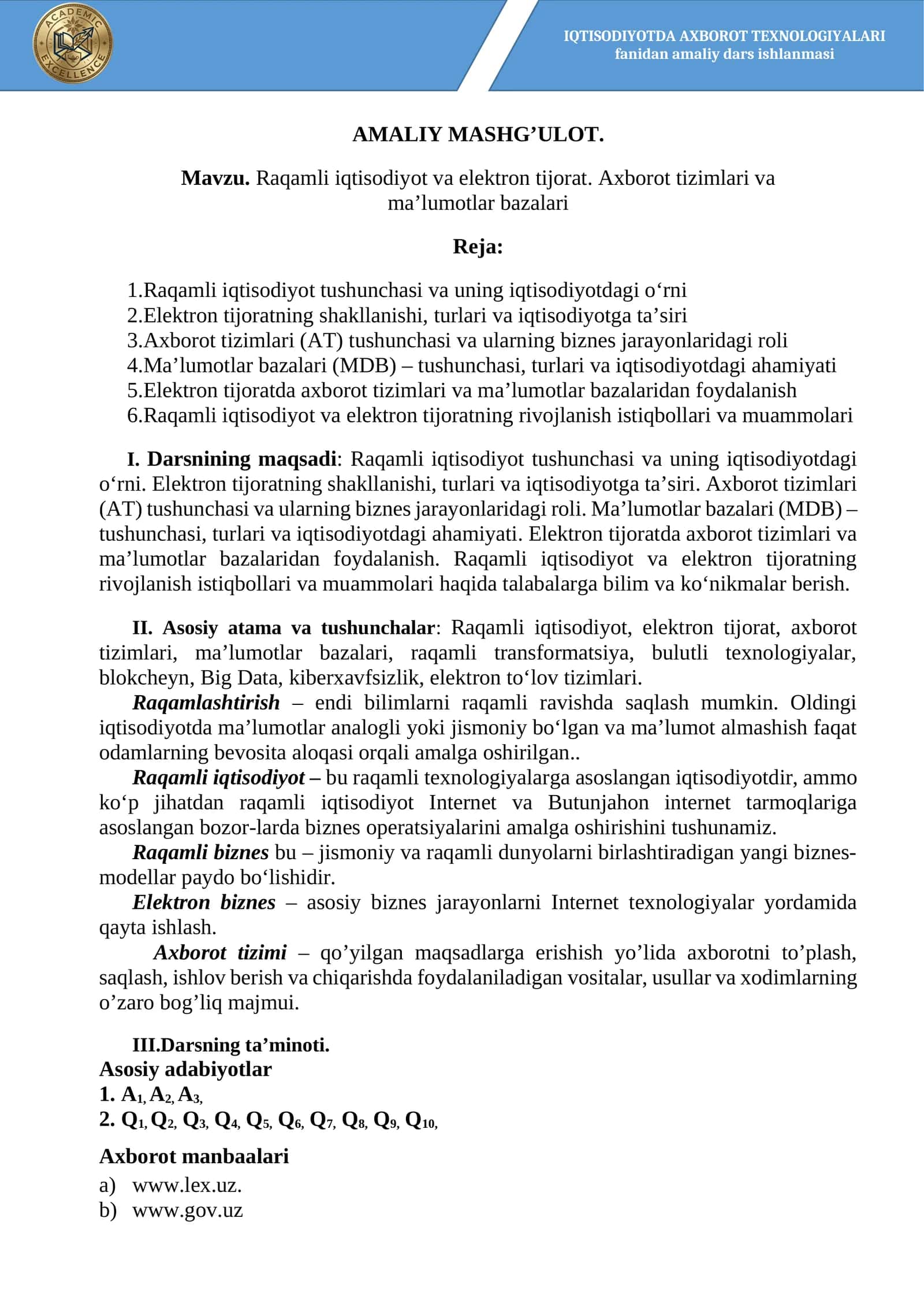 Raqamli iqtisodiyot va elektron tijorat amaliy dars ishlanmasi