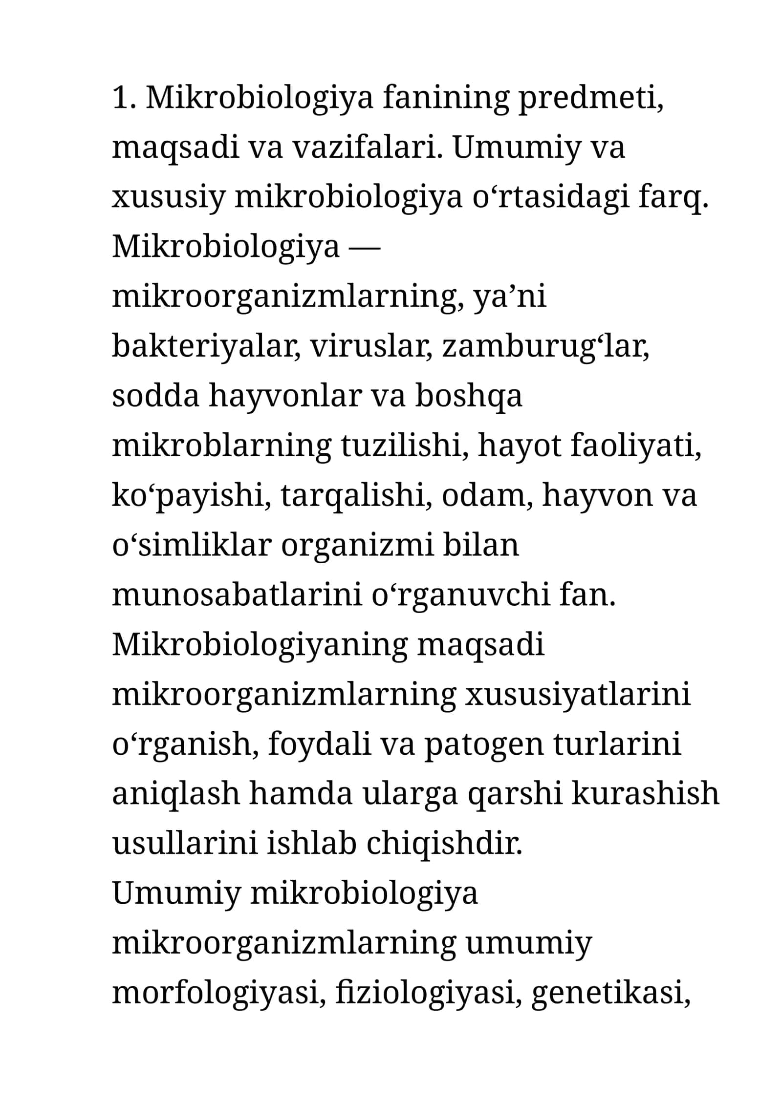 Mikrobiologiya fanining predmeti, maqsadi va vazifalari