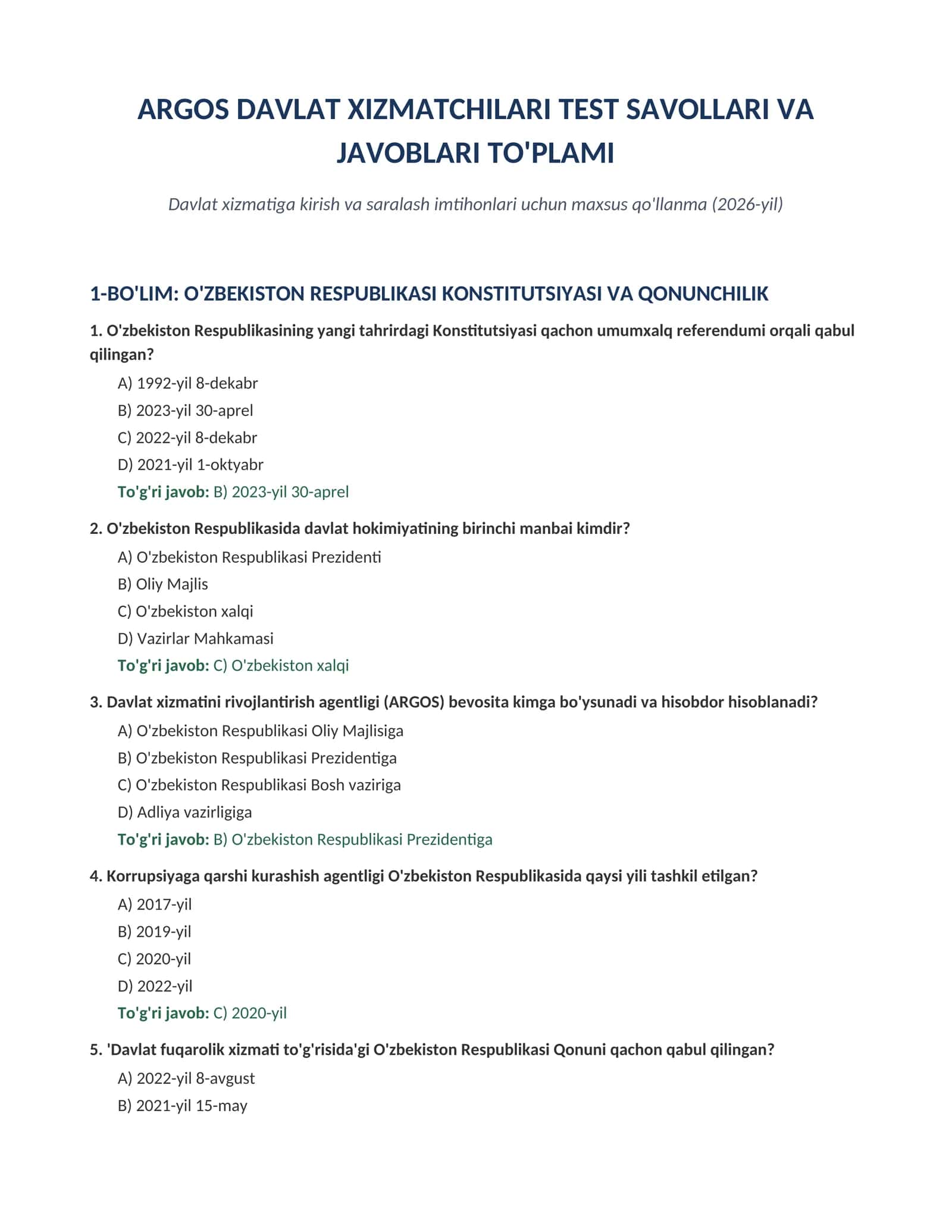 ARGOS Davlat xizmatchilari test savollari va javoblari to'plami (2026)