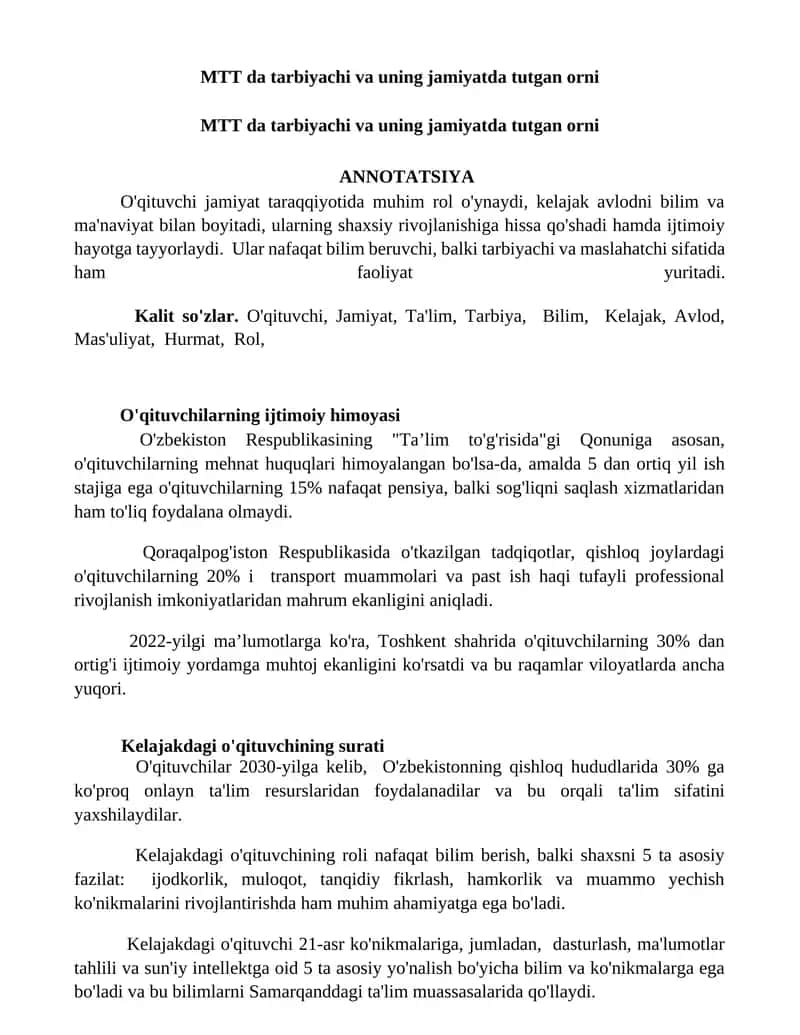 MTT da tarbiyachi va uning jamiyatda tutgan orni