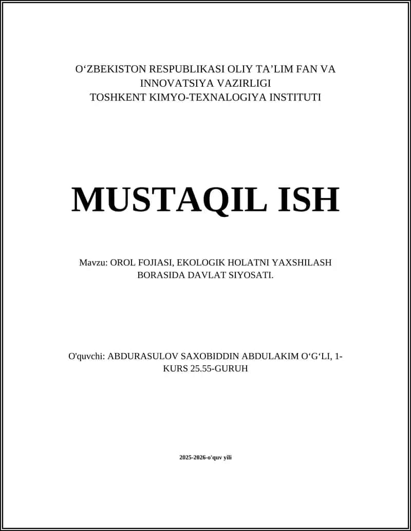 OROL FOJIASI, EKOLOGIK HOLATNI YAXSHILASH BORASIDA DAVLAT SIYOSATI