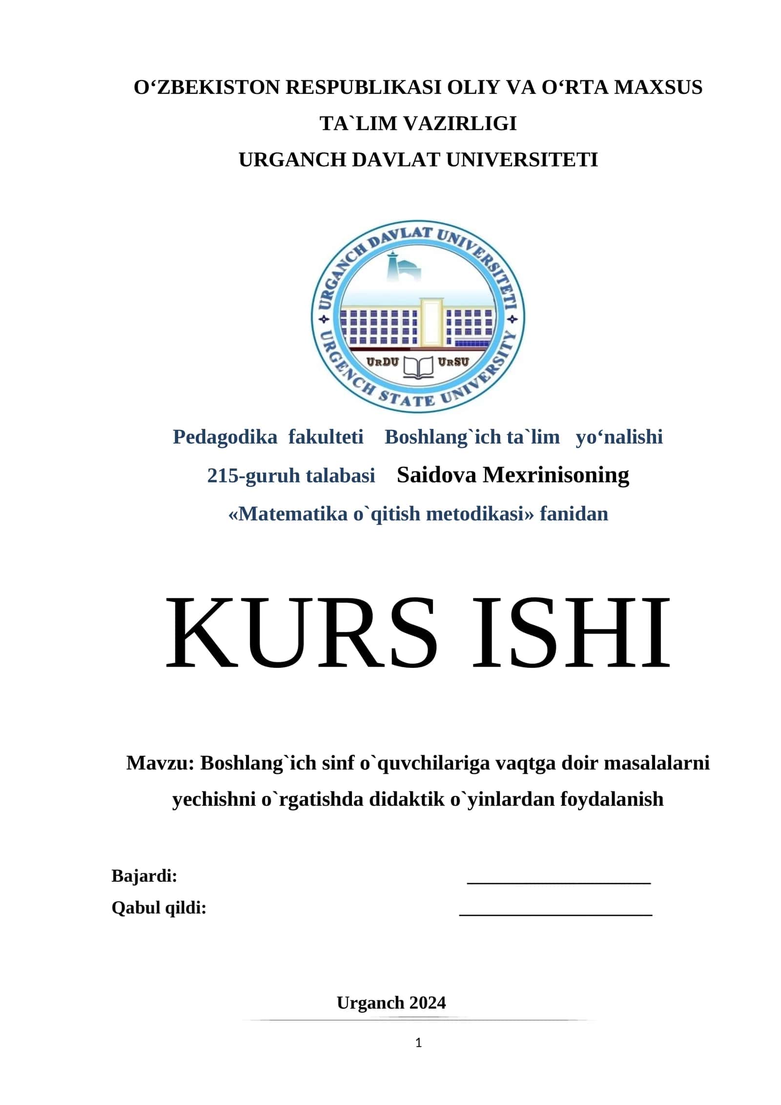 Boshlang`ich sinf o`quvchilariga vaqtga doir masalalarni yechishni o`rgatishda didaktik o`yinlardan foydalanish