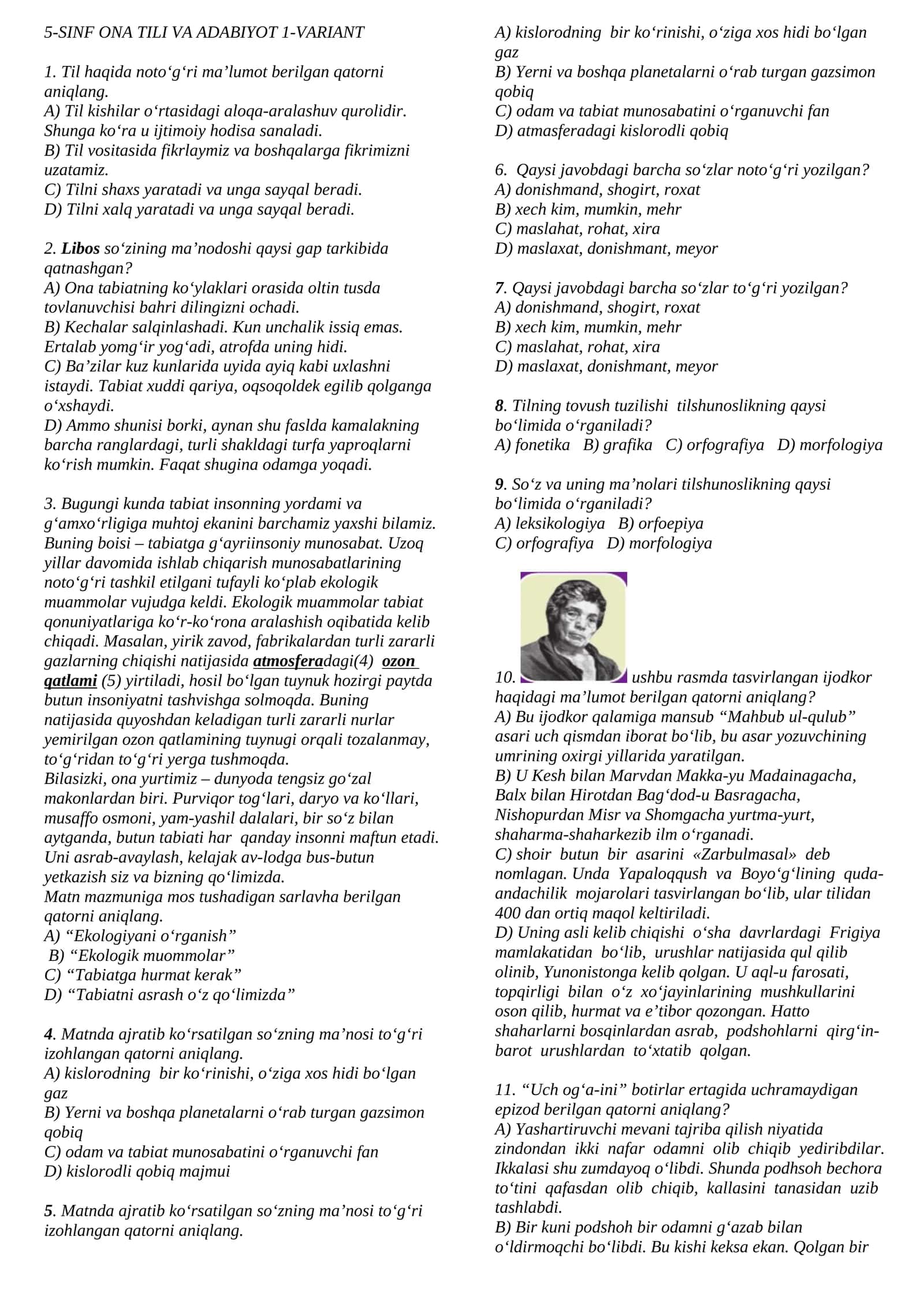 5-SINF ONA TILI VA ADABIYOT 1-VARIANT