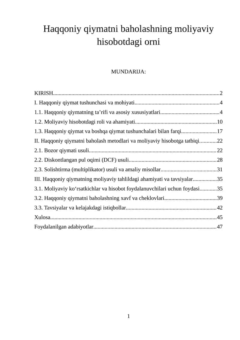 Haqqoniy qiymatni baholashning moliyaviy hisobotdagi orni